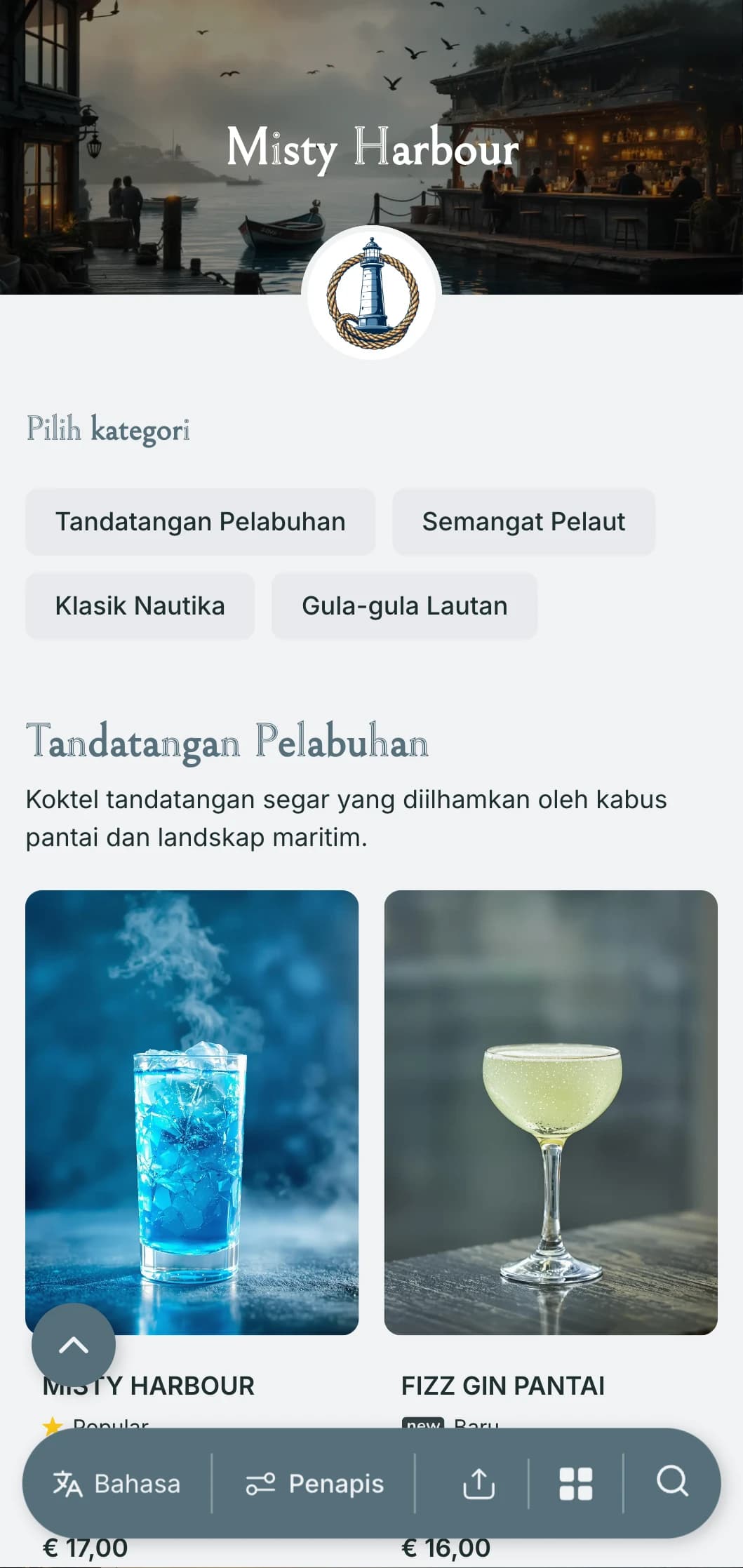 Reka bentuk berinspirasikan pantai dan pelabuhan untuk bar pinggir laut yang menampilkan rona biru-kelabu berkabus dan unsur nautika.
