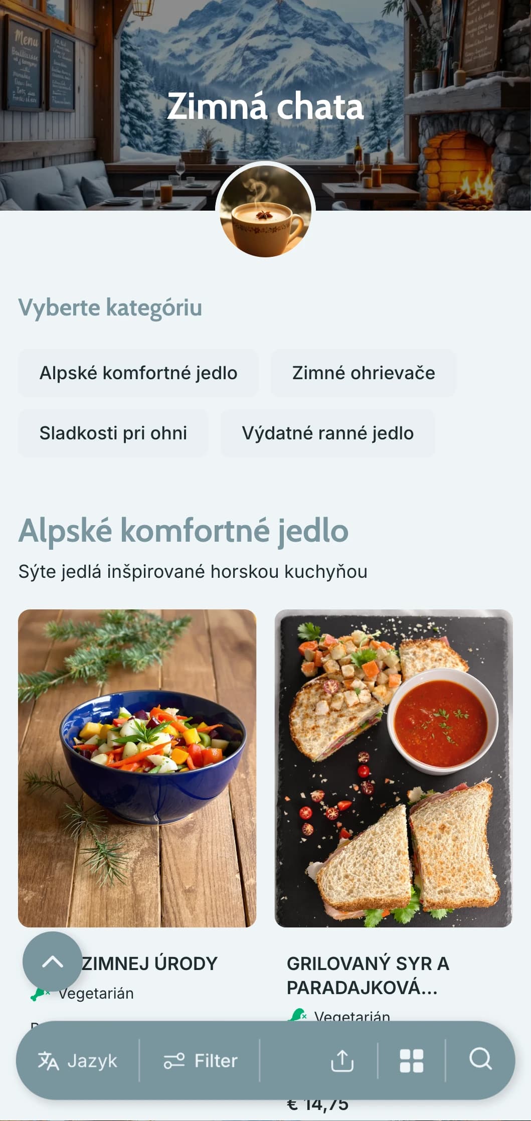 Chladný modro-šedý dizajn so zimnými prvkami pre sezónne menu a horské kaviarne.