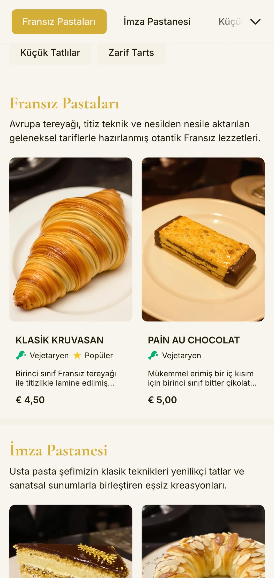 Lüks pastaneler ve tatlı dükkanları için mükemmel, altın vurgular ve sofistike tipografi içeren zarif, rafine bir fırın menüsü tasarımı.