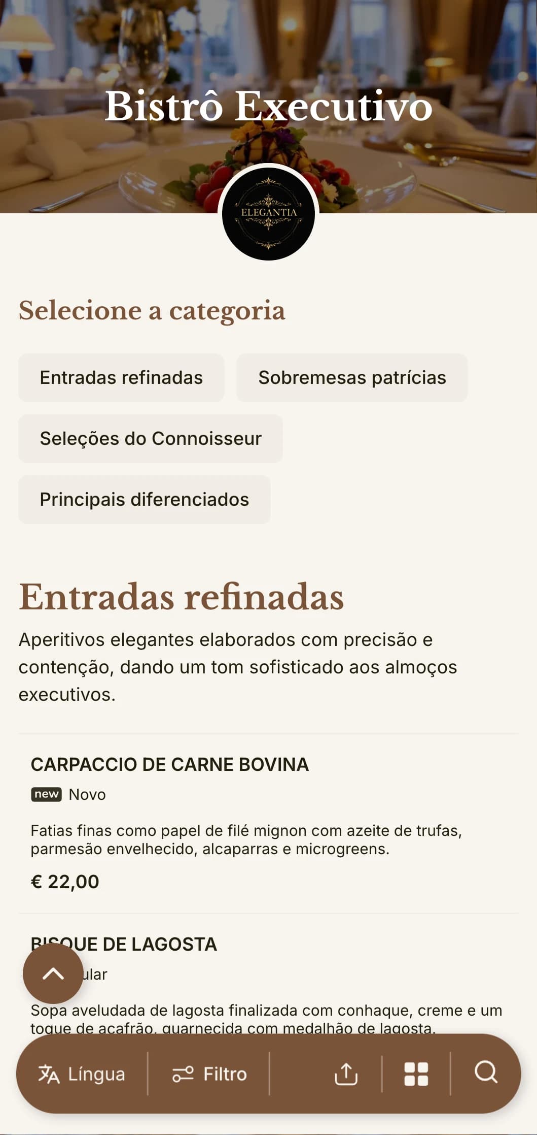 Design sofisticado de cardápio de almoço com tipografia refinada e espaçamento elegante, feito sob medida para restaurantes de hotéis de luxo e salas de jantar executivas que atendem profissionais de negócios.