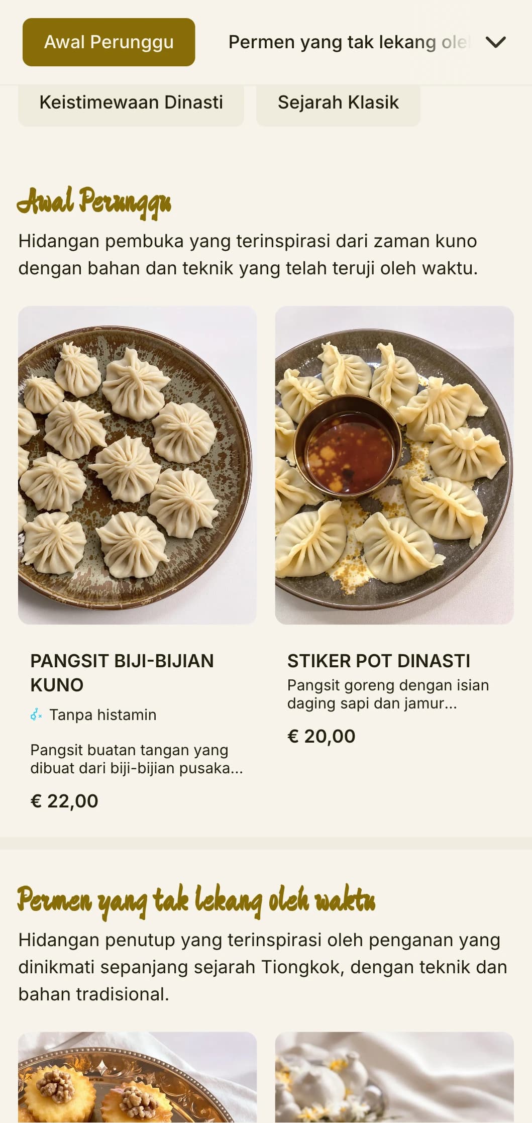Desain menu Cina yang canggih terinspirasi dari artefak perunggu kuno, dengan elemen historis untuk hidangan otentik.