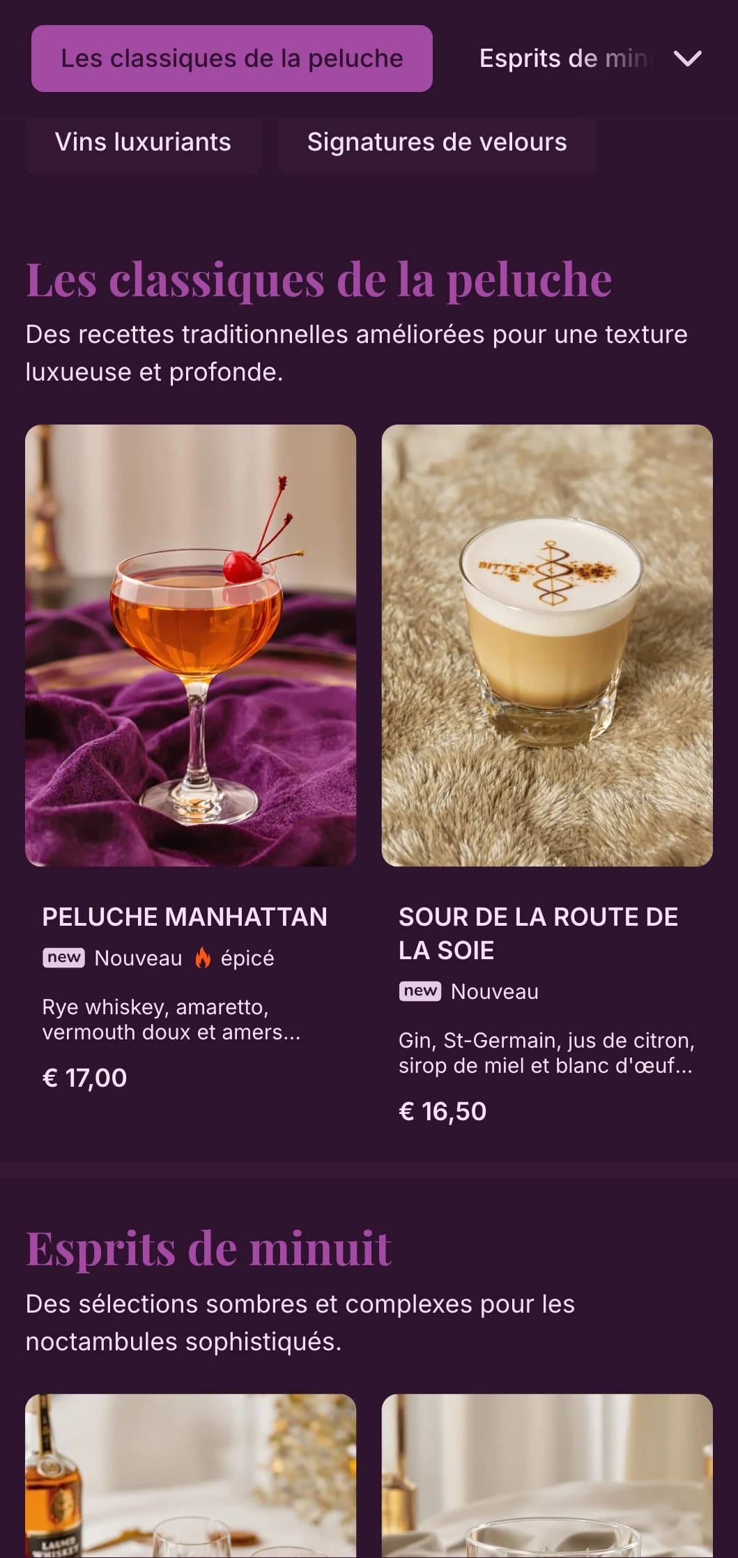Design luxueux en violet avec des textures en velours pour les lieux intimes de type speakeasy.