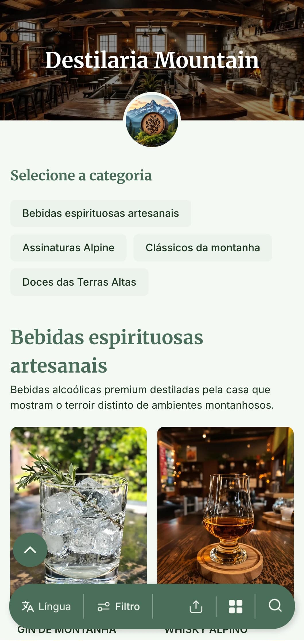 Um design rústico de inspiração alpina para destilarias e bares de destilados nas montanhas, com tons de terra e elementos naturais.