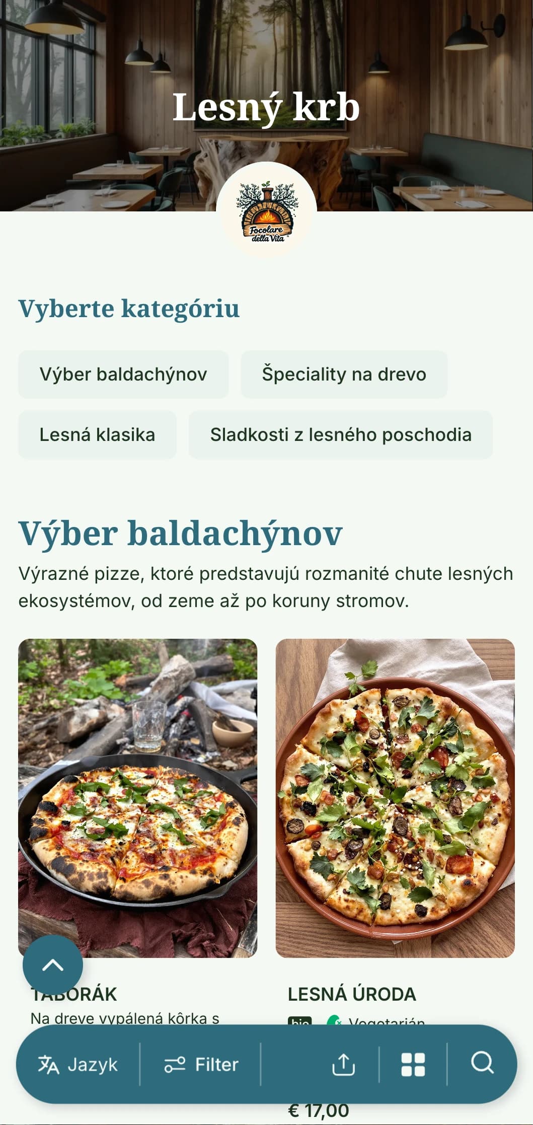 Ponuka pizze inšpirovaná lesom s lesnými prvkami a zemitou farebnou paletou.