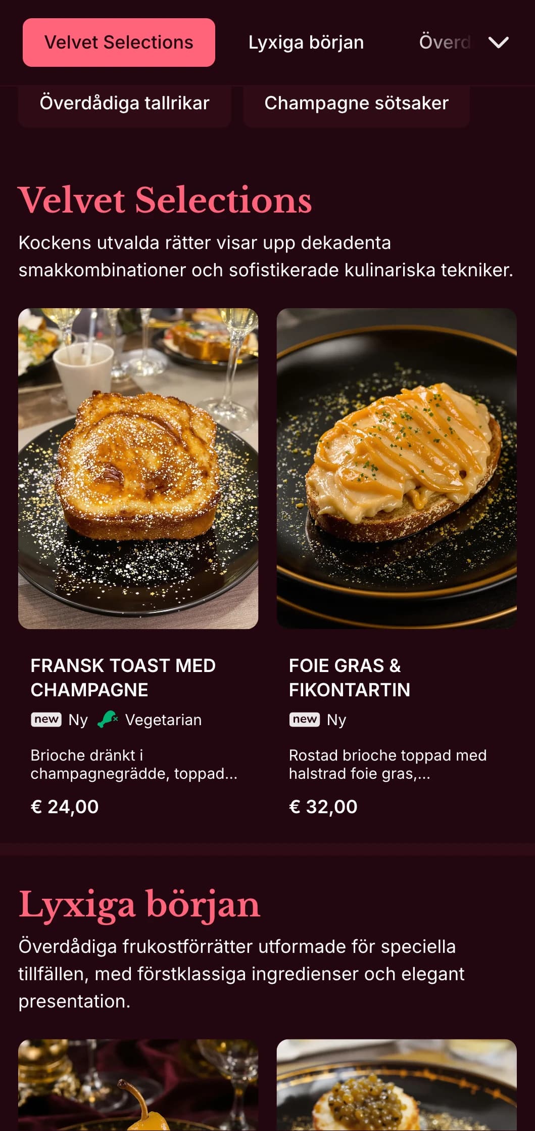 Rik, lyxig brunchmall med djupa färger, utformad för exklusiva helgbruncher med cocktailparningar.