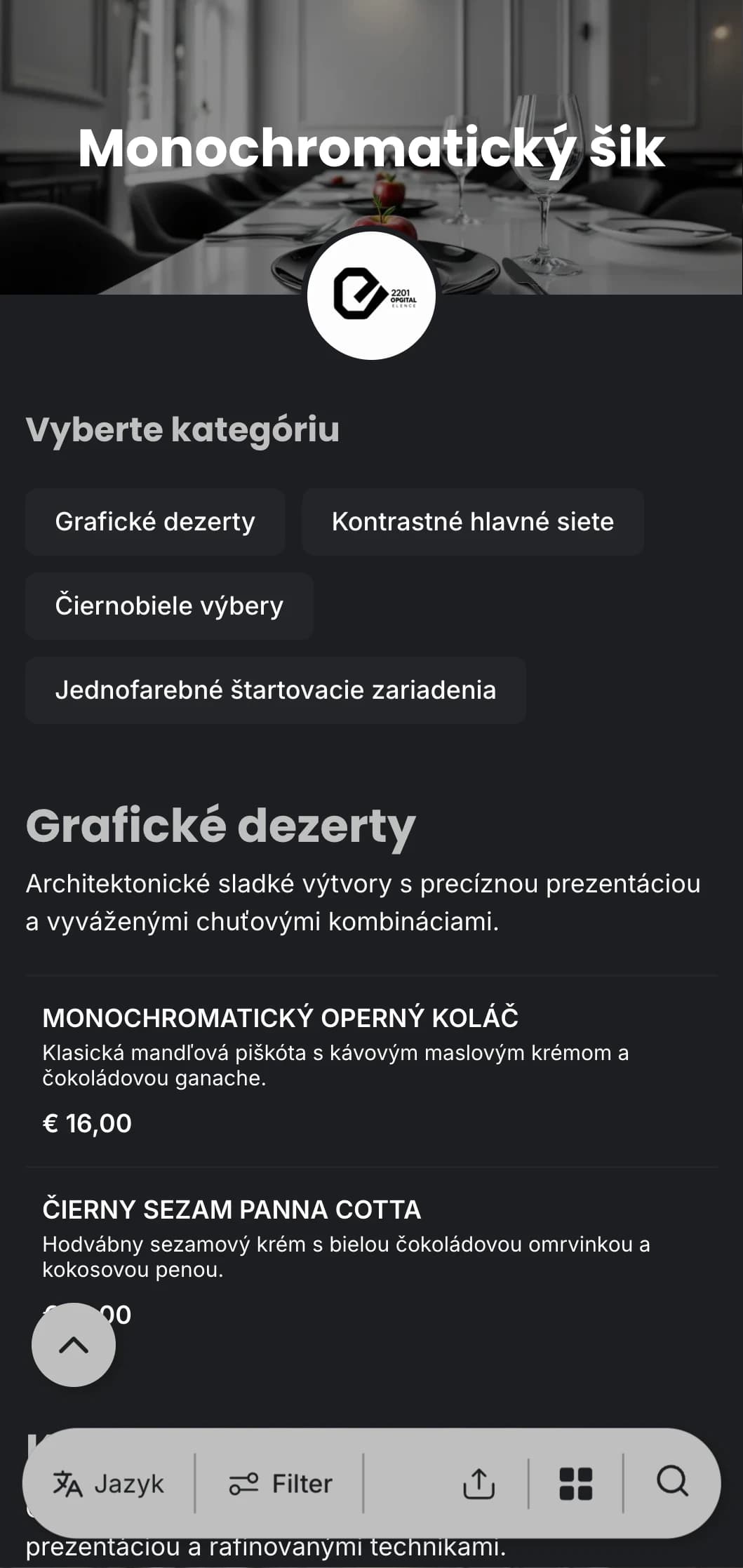 Sofistikované čiernobiele menu na večeru s výraznou typografiou a čistými líniami, navrhnuté pre súčasné kvalitné stolovanie.