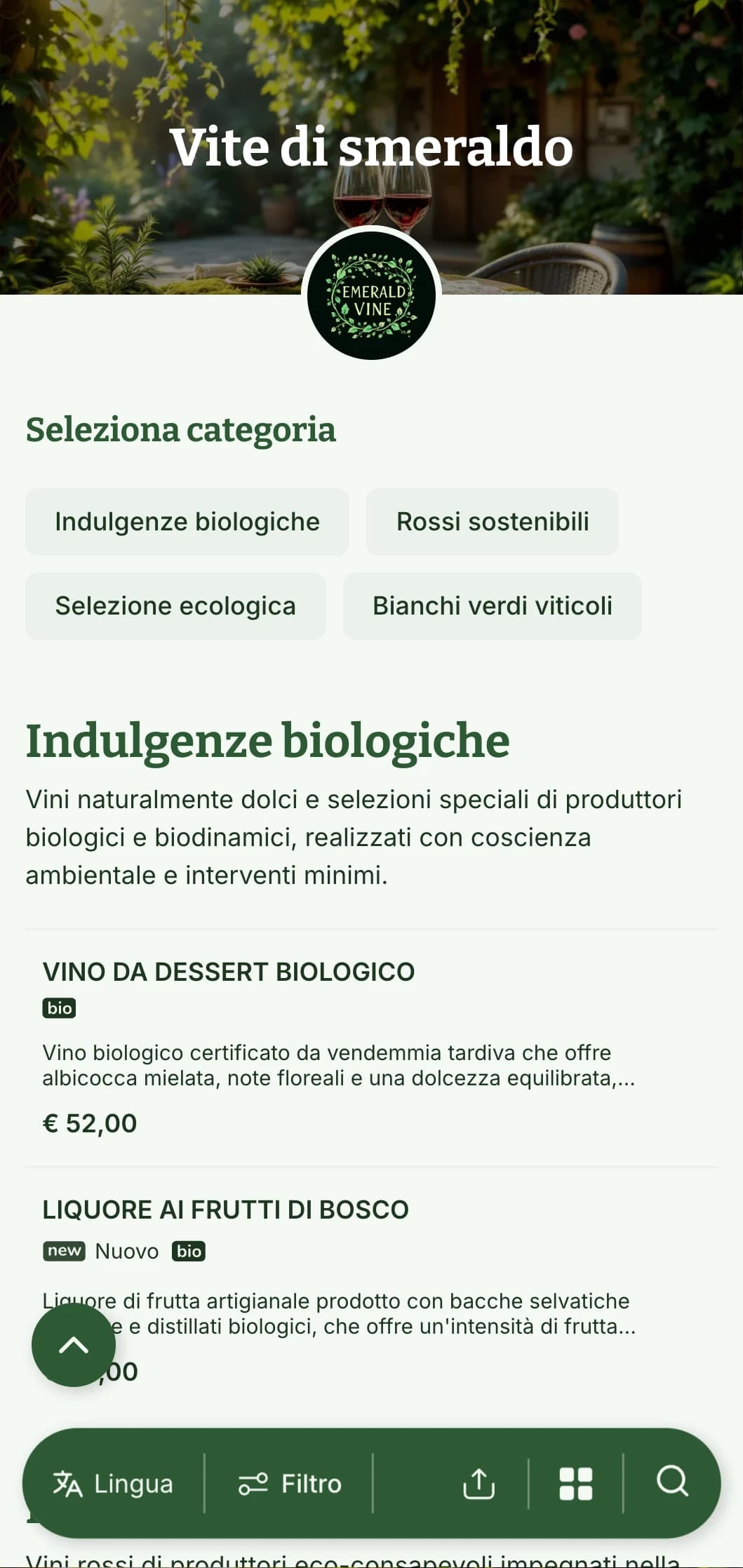 Modello di carta dei vini a tema verde con elementi botanici e texture naturali, perfetto per le selezioni di vini biologici e i ristoranti con giardino.