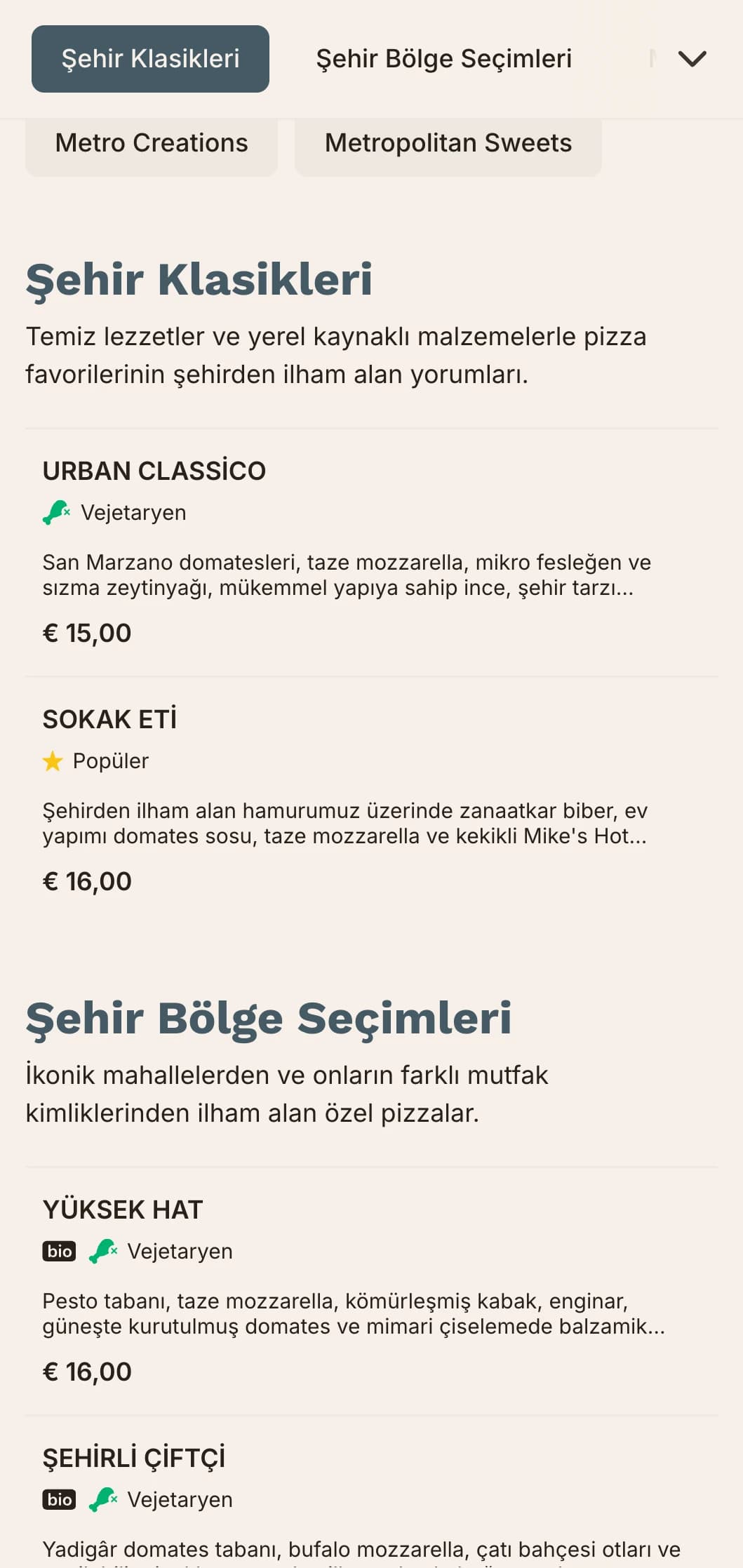 Şehir mekanları için temiz hatlara ve çağdaş tasarıma sahip kentsel metropolitan pizza menüsü.
