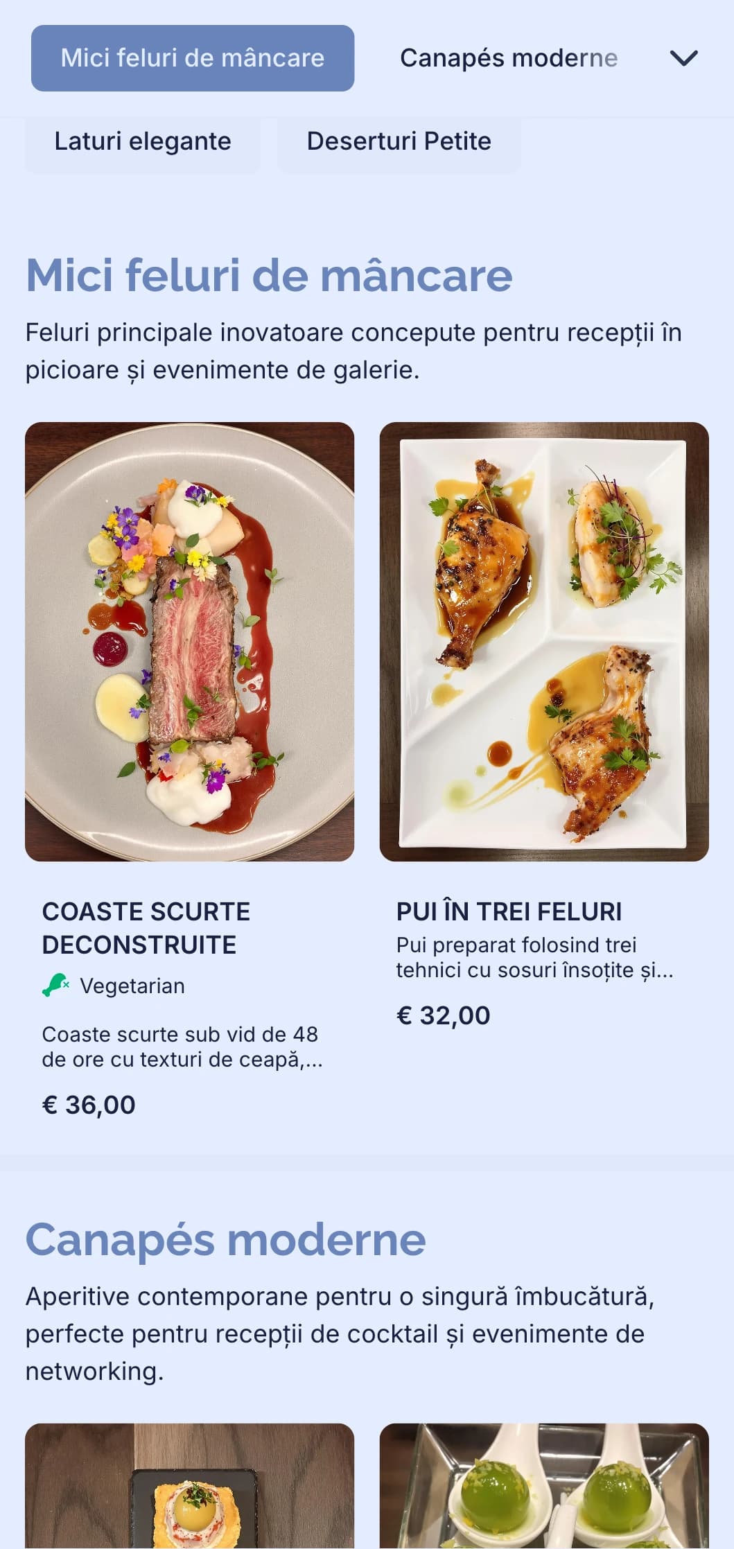 Catering modern și elegant pentru evenimente de tip cocktail, cu tartine inovatoare, gustări mici și prezentări contemporane pentru evenimente de networking și deschideri de galerii.