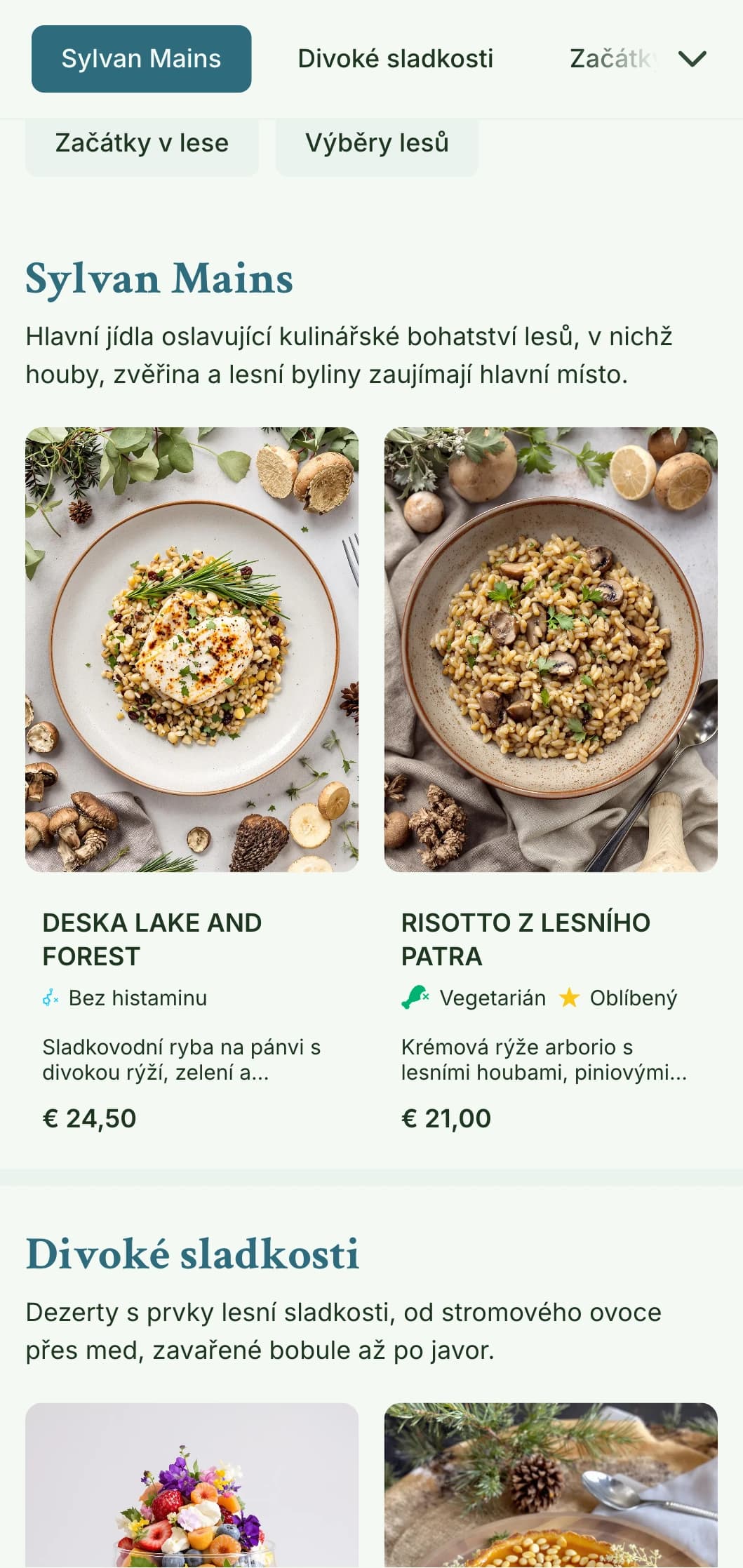 Klidný, lesem inspirovaný design poledního menu s organickými texturami a zemitými tóny, ideální pro restaurace v blízkosti přírodního prostředí a parků.