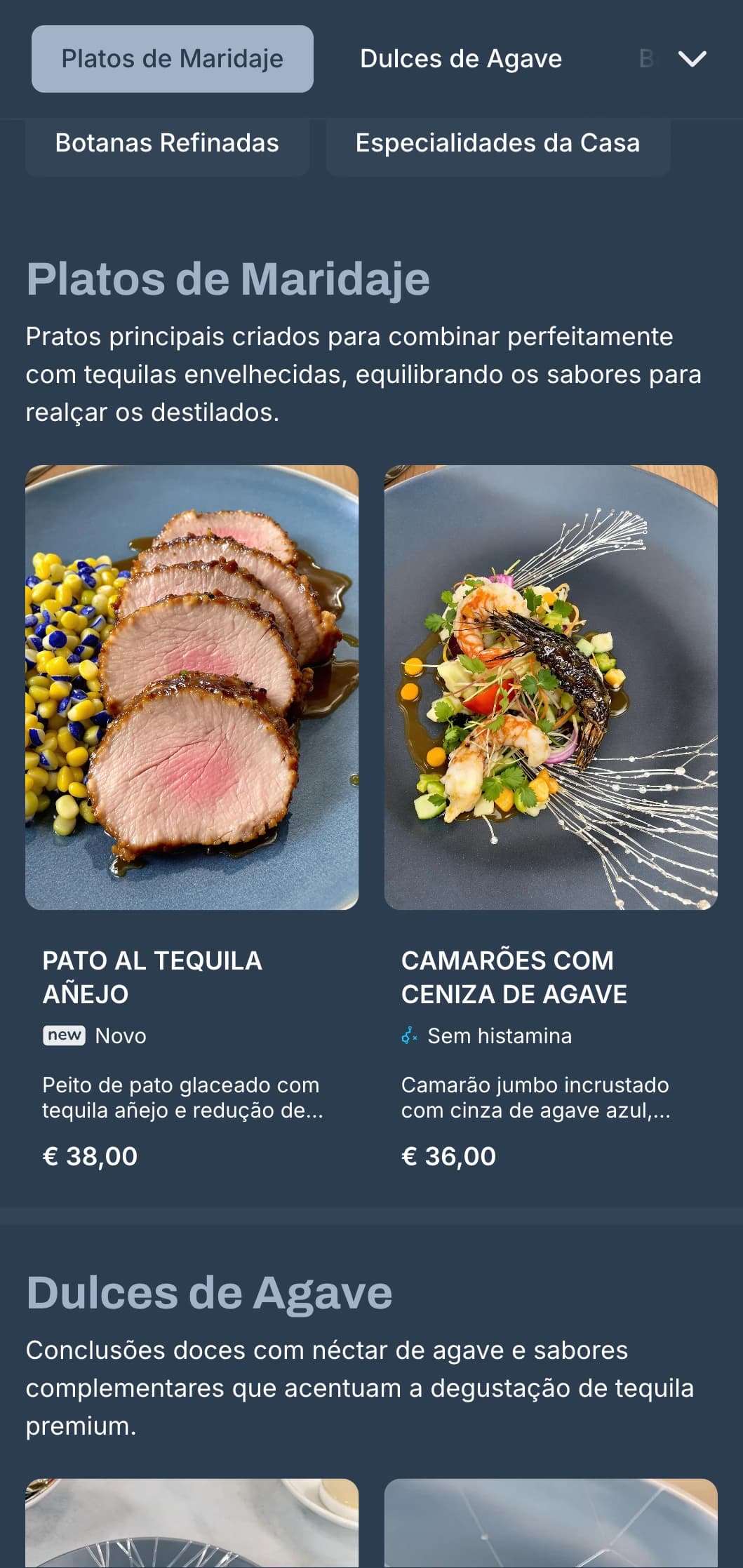 Menu elegante e refinado do bar de tequila com tons de prata e cinza-azulado, destilados premium e pequenos pratos mexicanos sofisticados.