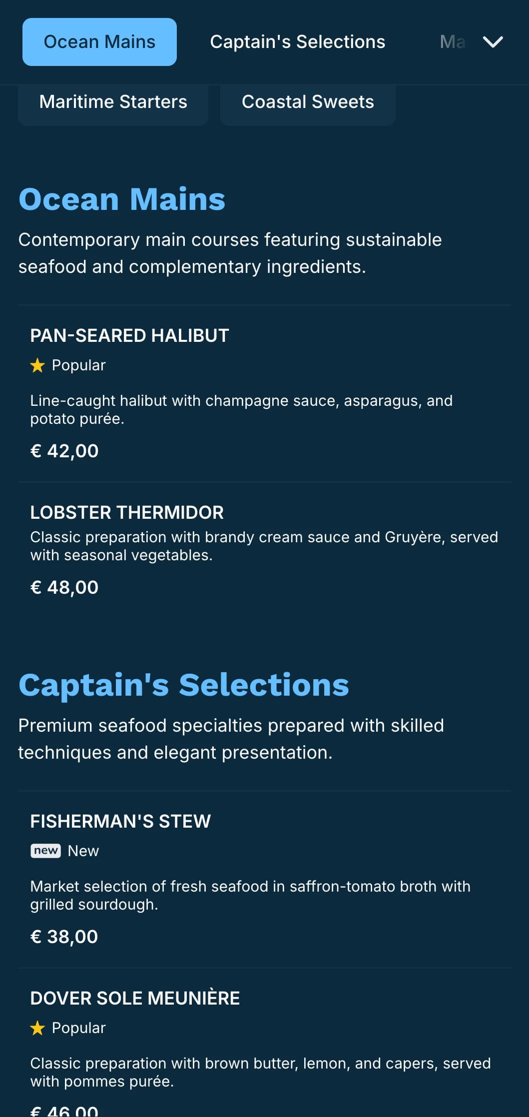 A crisp, blue-toned dinner menu with nautical influences, perfect for upscale seafood restaurants.