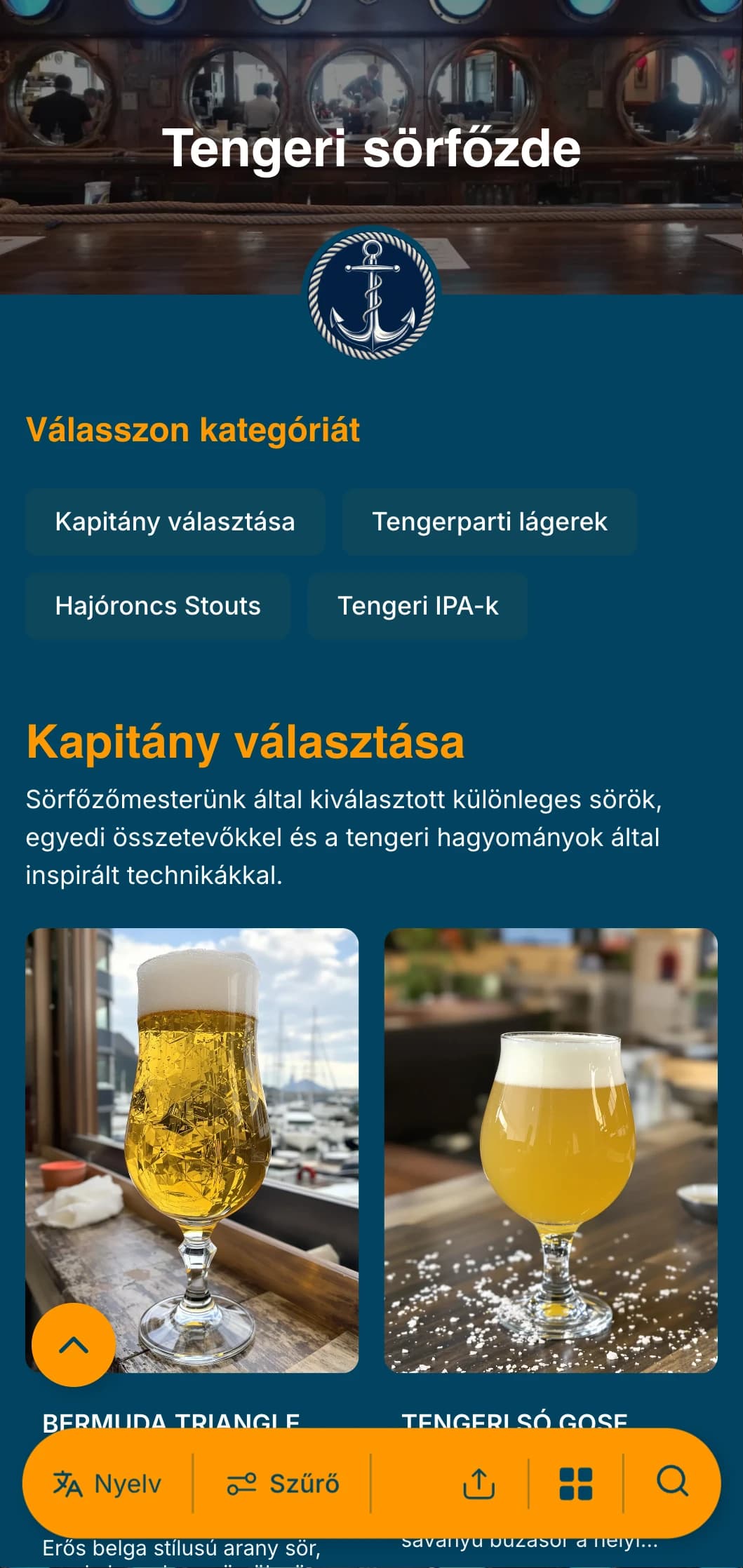 Tengeri témájú sablon tengerészkék tónusokkal és tengerész elemekkel, tökéletes tengerparti sörfőzdék és kikötői kocsmák számára.