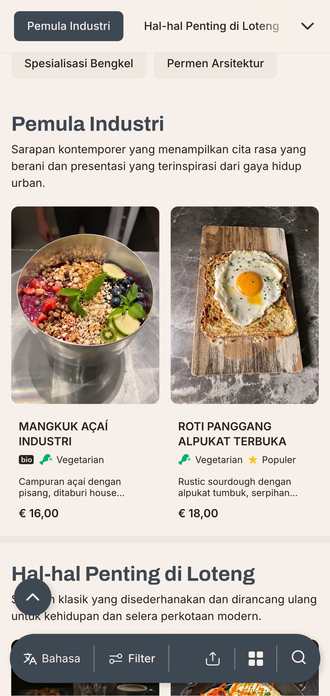 Pilihan sarapan pagi yang terinspirasi dari industri dengan bahan-bahan yang tidak terduga dan penyajian kontemporer untuk para petualang urban.