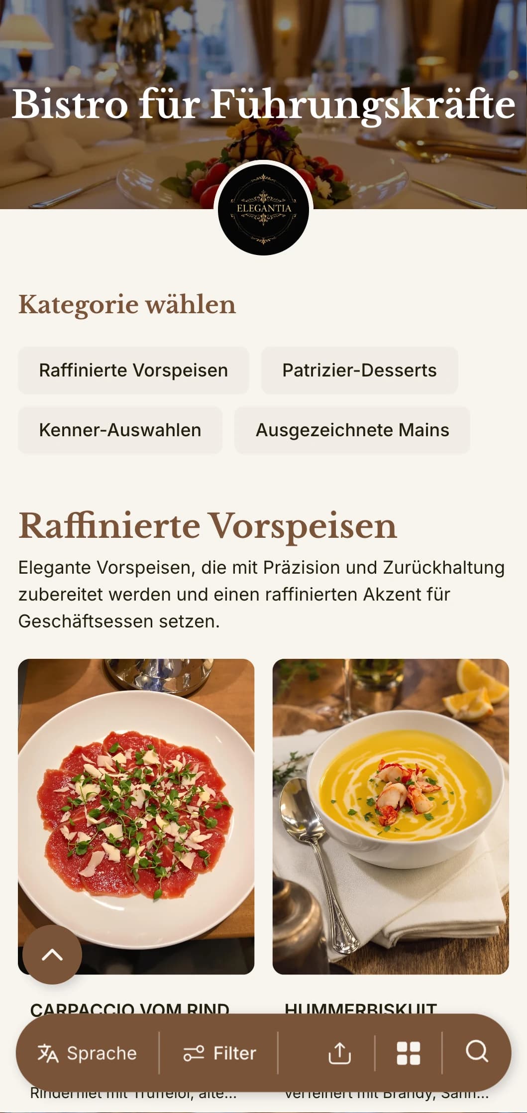 Anspruchsvolles Design für Mittagsmenüs mit raffinierter Typografie und eleganten Abständen, maßgeschneidert für gehobene Hotelrestaurants und Speisesäle für Geschäftsleute.