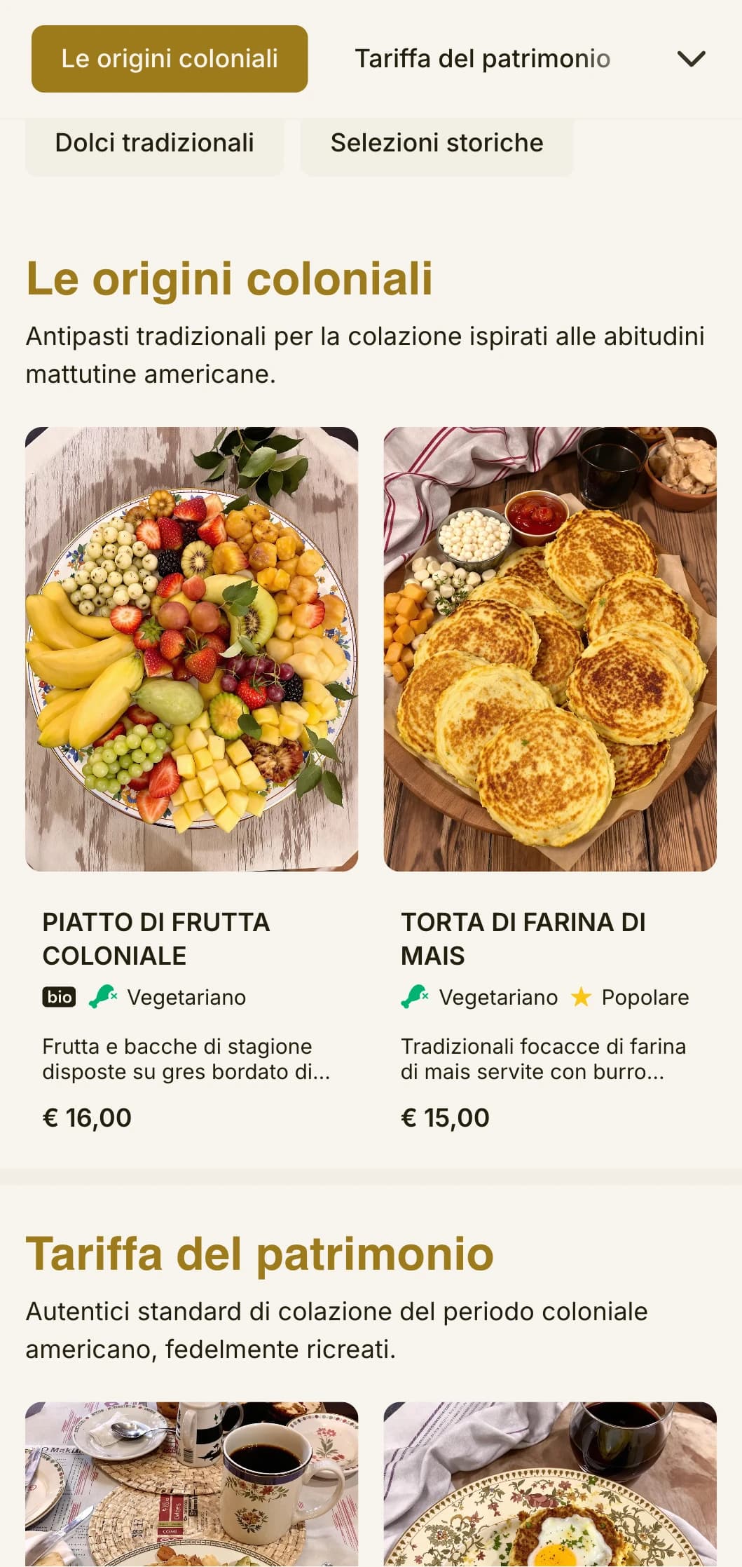 Colazione tradizionale ispirata alla cucina coloniale, presentata con raffinati elementi storici.