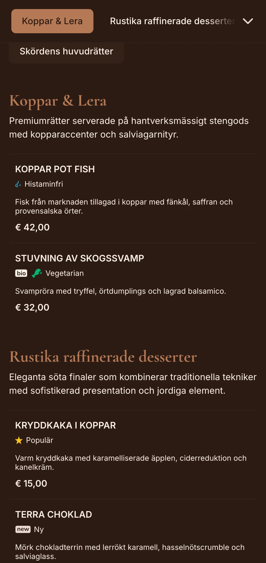 Raffinerad rustik elegans med varma koppartoner och salvia-accenter, perfekt för sofistikerad gård-till-bord och säsongsbetonad finmiddag.