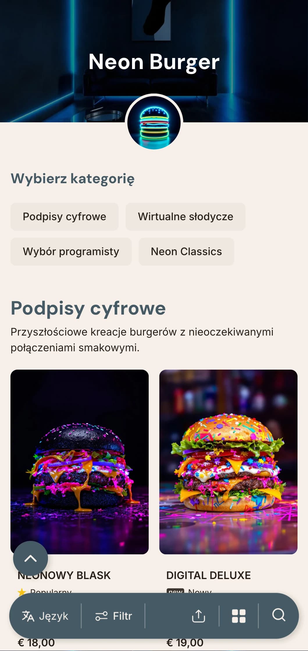 Tętniący życiem bar z burgerami inspirowany nocnym życiem z neonowymi akcentami i współczesnym miejskim klimatem.