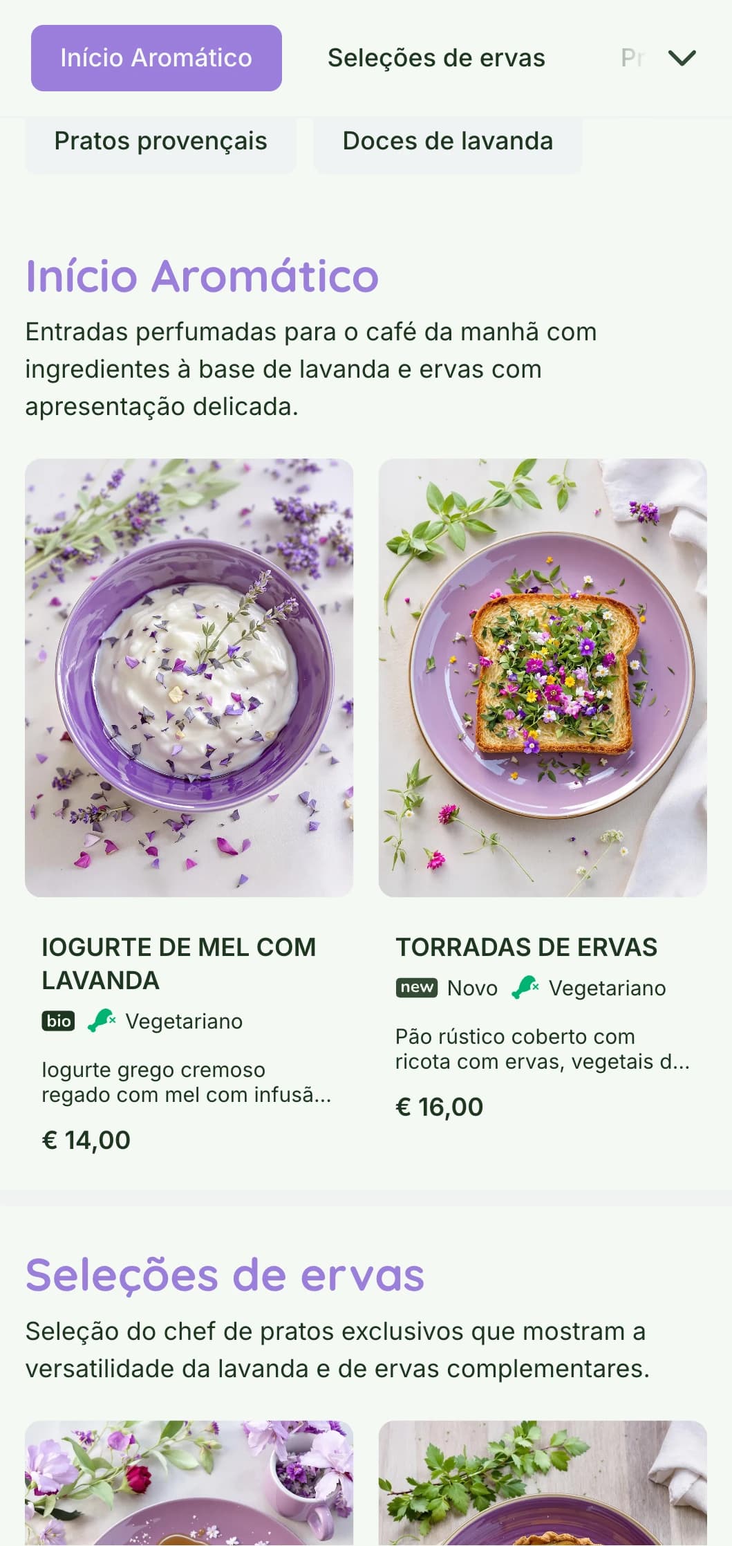Modelo de brunch perfumado, com aroma de púrpura, inspirado na Provence, adequado para cafés com foco em ervas e ambientes de jardim.