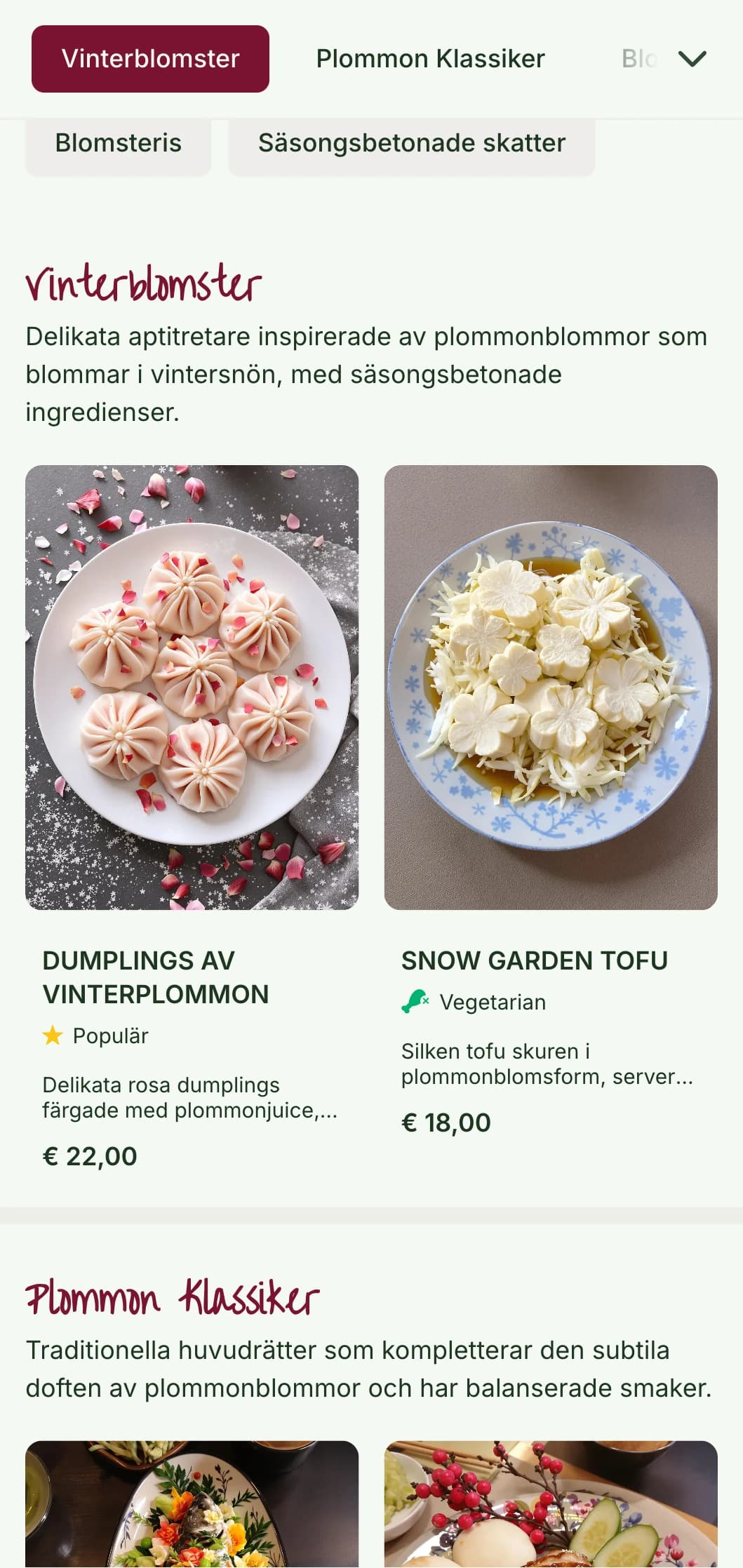 Fräsch kinesisk menydesign inspirerad av plommonblommor, med delikata mönster för säsongsbetonad vinter- och vårmat.