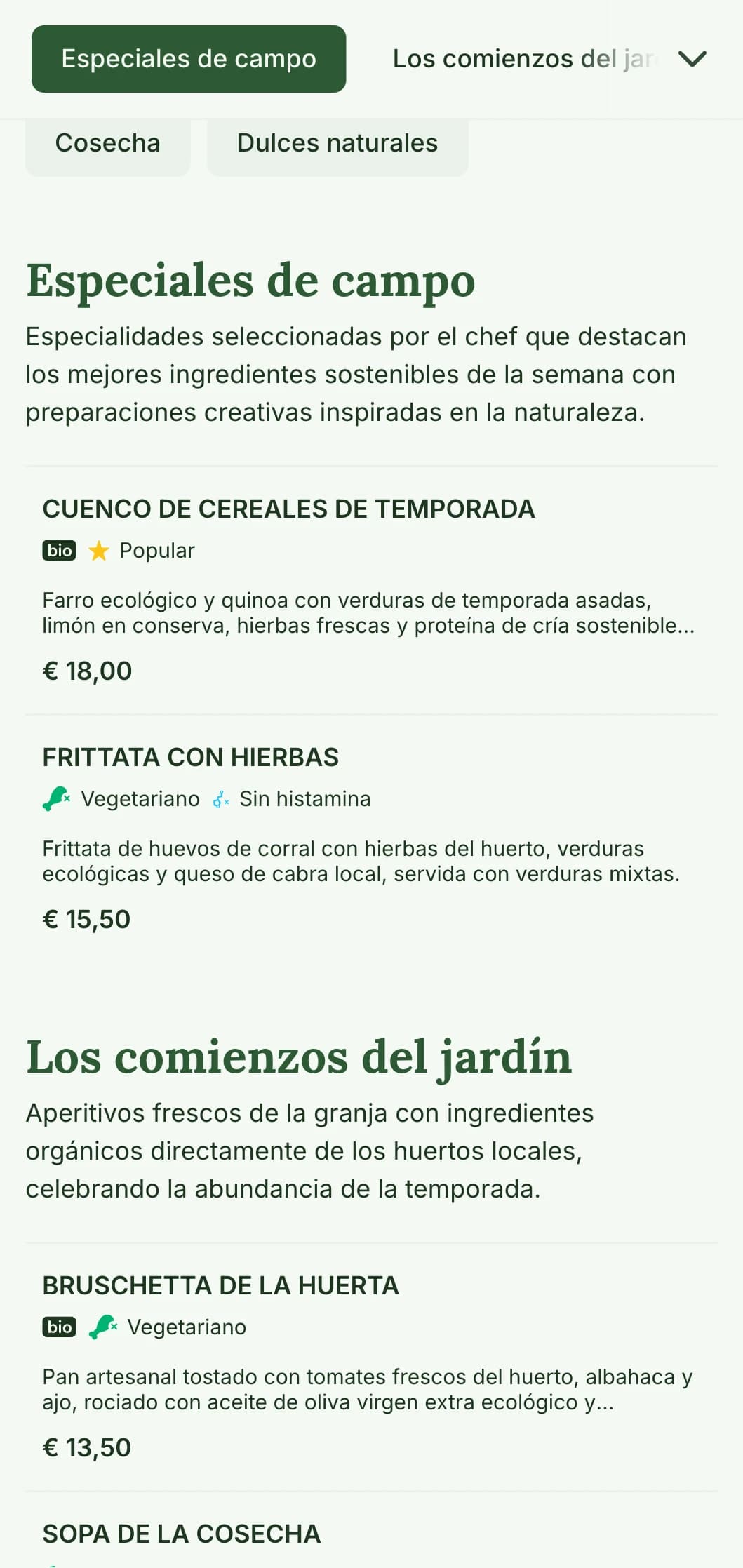 Diseño de menús de mediodía frescos e inspirados en la naturaleza que destacan los ingredientes de temporada y las ofertas de la granja a la mesa, ideales para cafeterías y restaurantes centrados en comidas de mediodía sanas y ecológicas.
