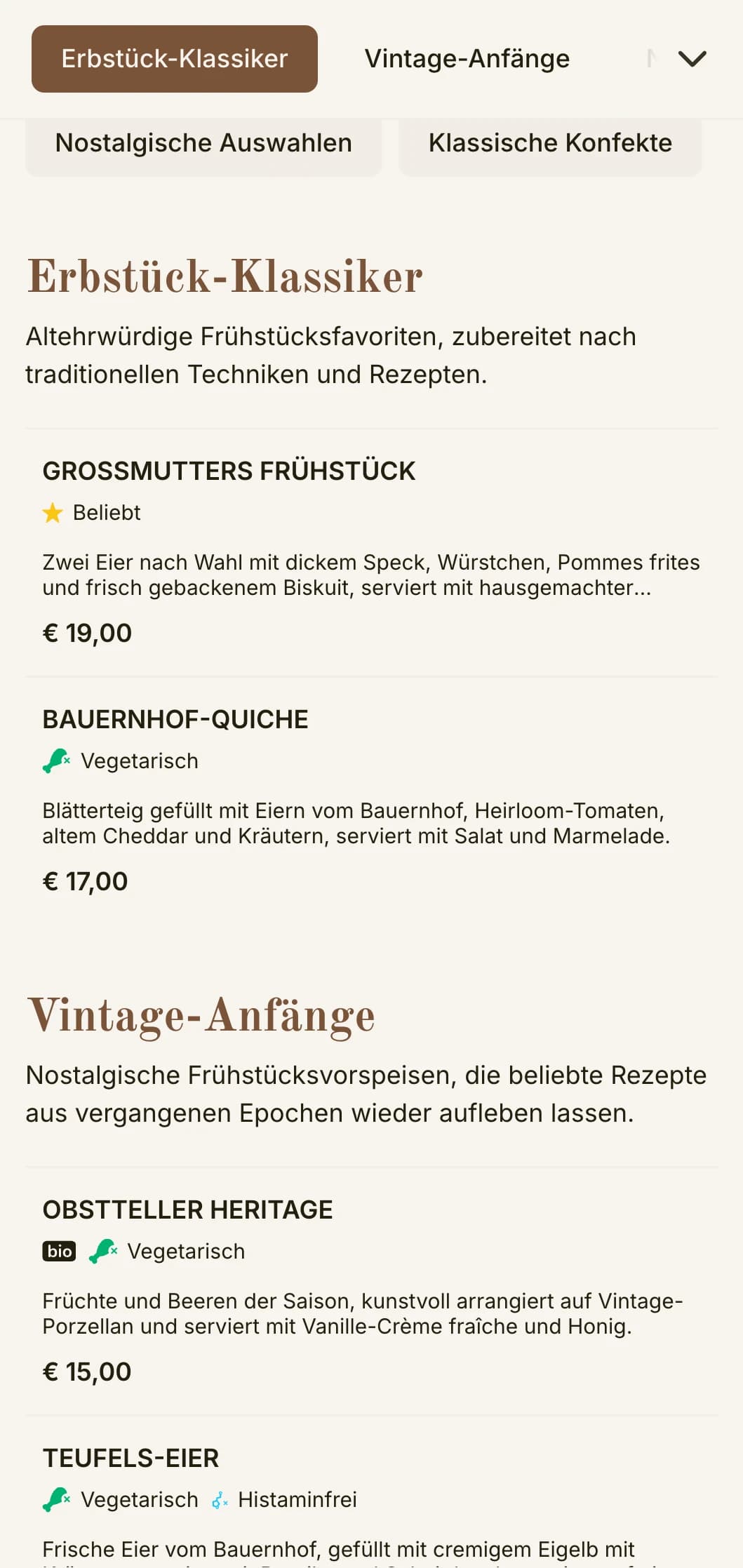 Nostalgische Morgenangebote, inspiriert von beliebten Rezepten aus der Vergangenheit, präsentiert mit zeitloser Eleganz.