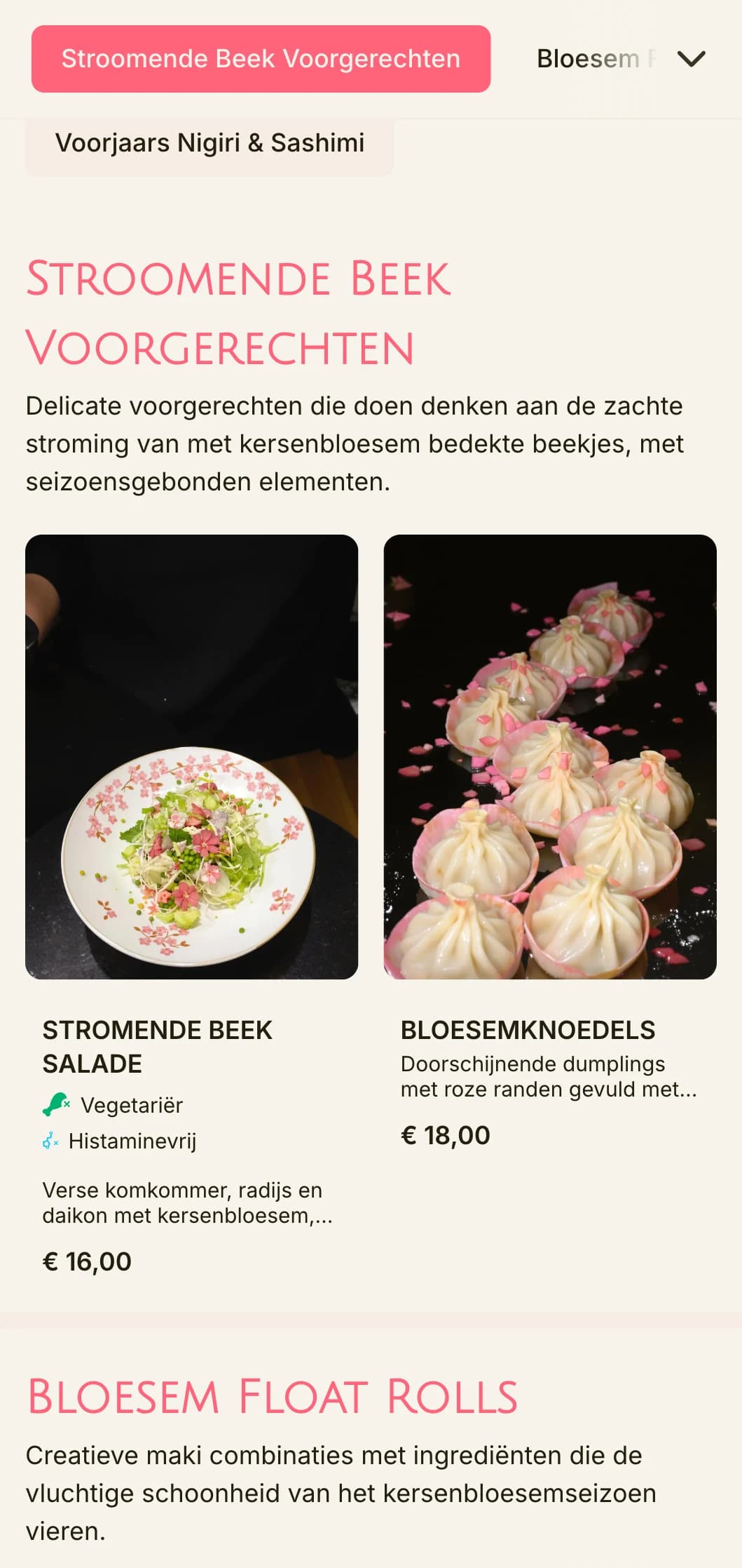 Vloeiend kersenbloesem-geïnspireerd sushi-menu met zachtroze accenten en natuurlijke elementen.