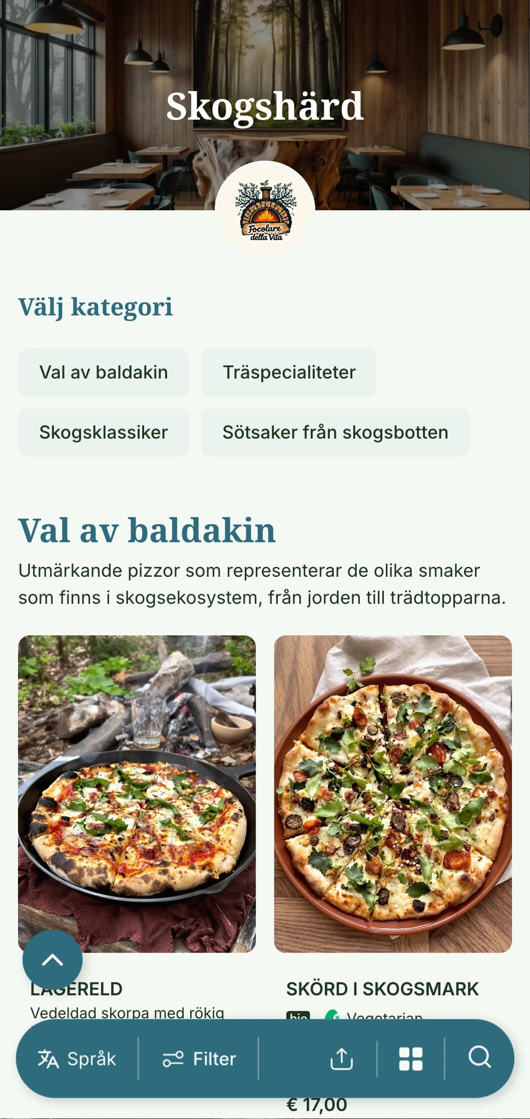 Skogsinspirerad pizzameny med skogselement och jordnära färgpalett.