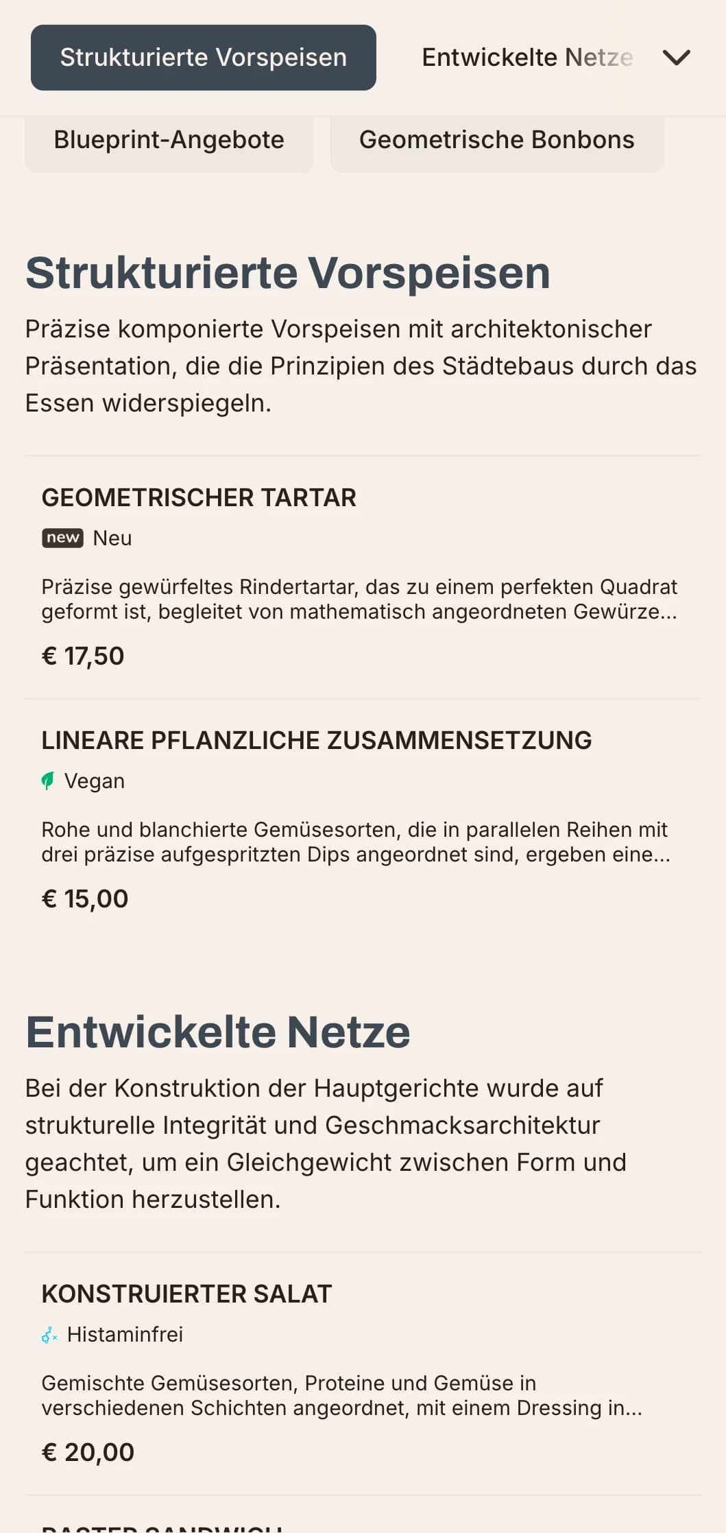 Kühnes, architektonisches Design der Mittagskarte mit starken Linien und urbanen Elementen, ideal für zeitgenössische Restaurants in Geschäftsvierteln und modernen Siedlungen.