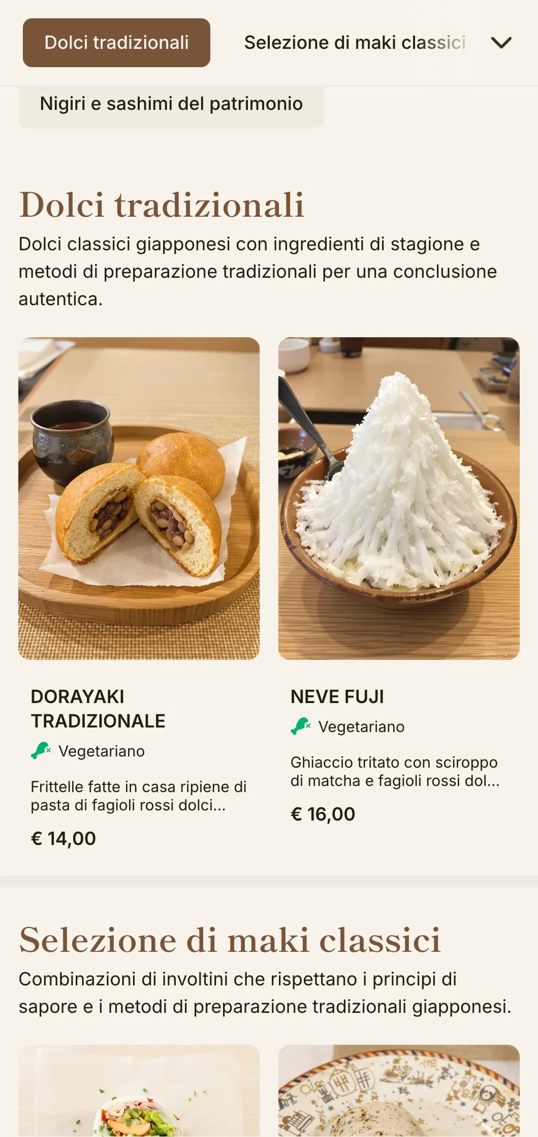 Classico menu di sushi giapponese con ispirazione al monte Fuji, caratterizzato da elementi tradizionali e accenti di marrone caldo per una cena autentica.