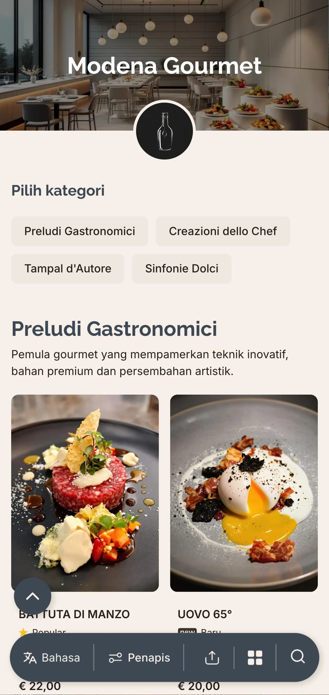 Reka bentuk kontemporari yang halus meraikan suasana masakan inovatif dan tradisi balsamic Modena.