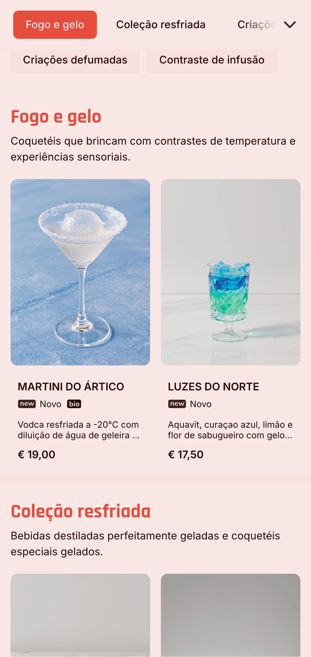 Design dinâmico em azul e vermelho com elementos quentes e frios para bares inovadores.