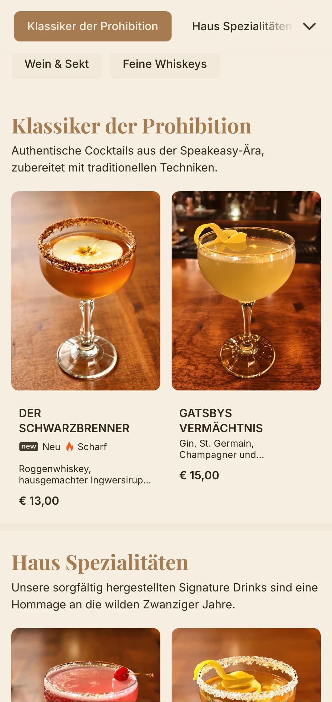 Klassisches, von der Prohibitionszeit inspiriertes Design mit warmen Brauntönen und eleganter Typografie.