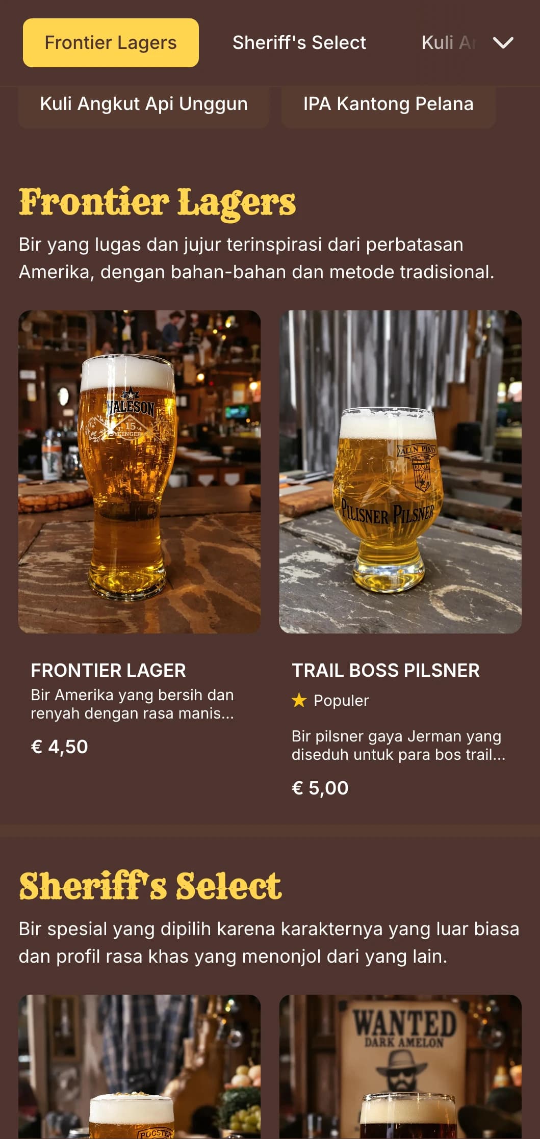 Desain yang terinspirasi dari perbatasan dengan tekstur lapuk dan tipografi barat, cocok untuk bar bergaya saloon dan brewpub tematik.