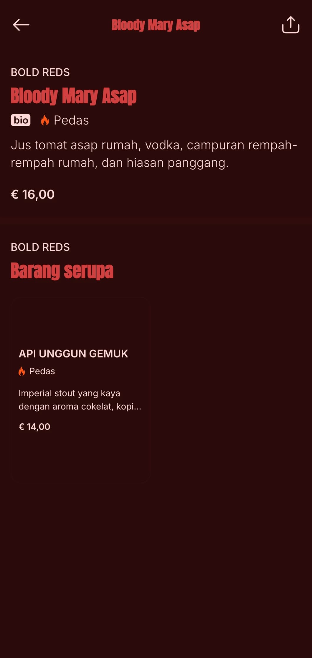 Desain merah yang kuat dengan elemen asap dan api untuk tempat barbekyu dan wiski.