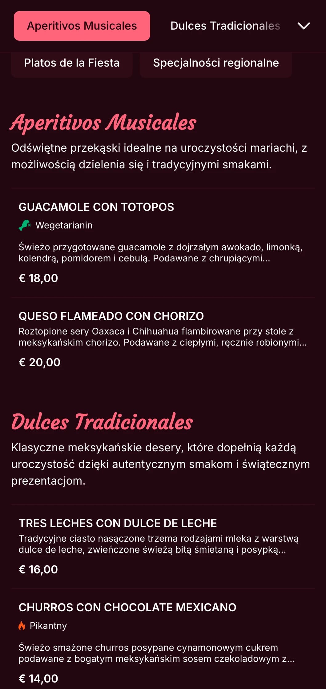 Żywe i muzyczne meksykańskie menu z jasnoróżowymi akcentami, obrazami mariachi i świątecznymi potrawami idealnymi na uroczystości i imprezy.