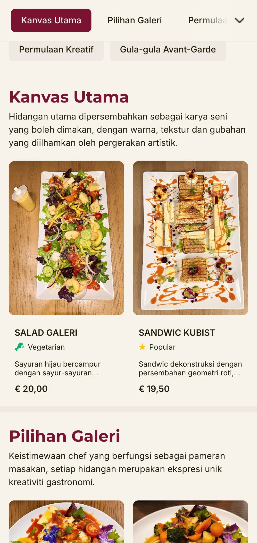 Reka bentuk menu makan tengah hari yang kreatif dan berinspirasikan seni dengan aksen warna berani dan susun atur yang ekspresif, sesuai untuk restoran berhampiran galeri dan daerah artistik.