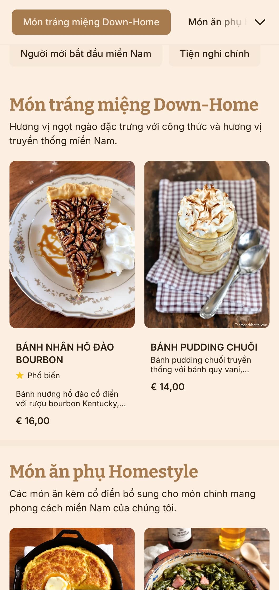 Dịch vụ ăn uống ấm cúng theo phong cách miền Nam với các món ăn cổ điển, khẩu phần ăn lớn và cách trình bày theo phong cách gia đình cho các buổi họp mặt gia đình và tụ họp thân mật.