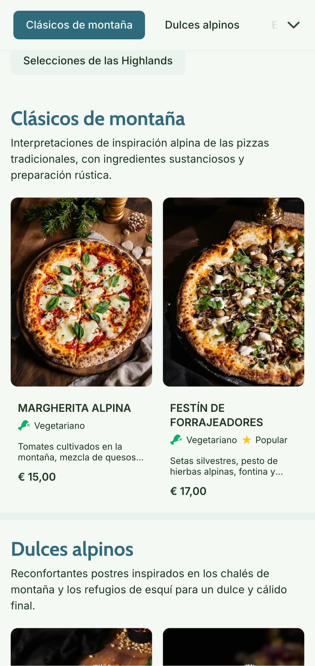 Carta de pizzas de inspiración montañesa con elementos naturales y estética rústica alpina.