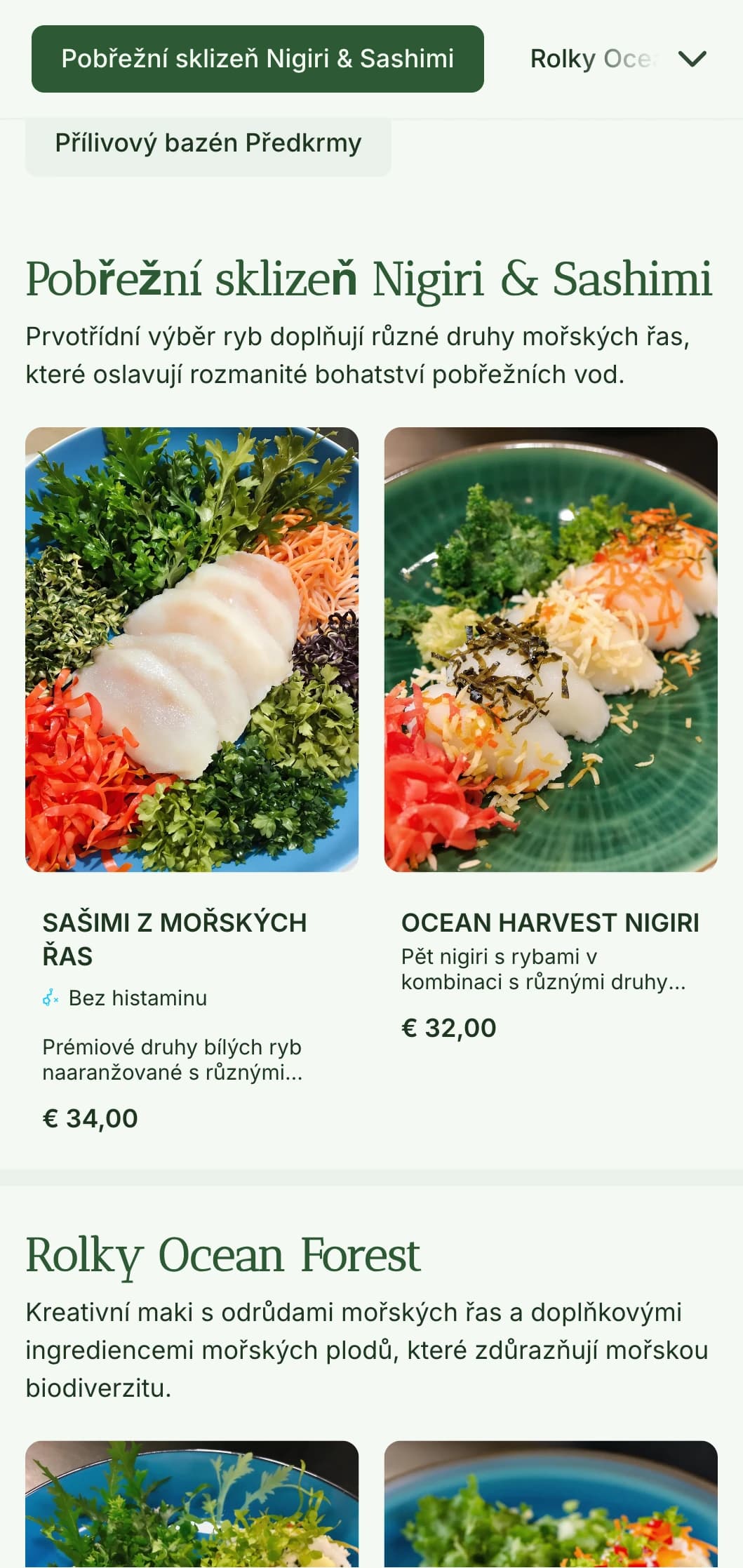 Svěží sushi menu inspirované oceánem s tmavě zelenými tóny mořských řas pro autentické restaurace s mořskými plody.