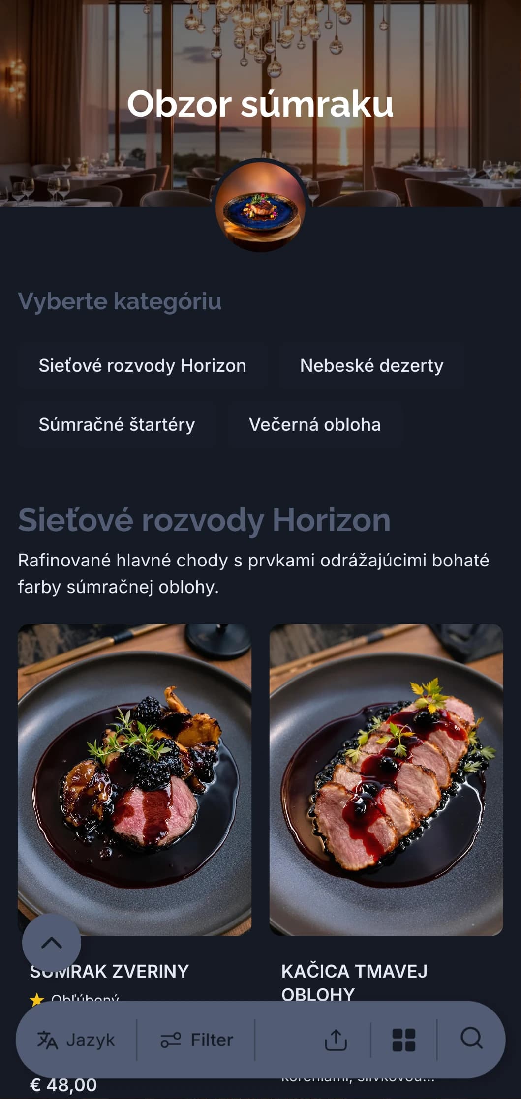 Rafinovaný koncept večerného stolovania inšpirovaný sofistikovanými farbami súmraku a súmračnej oblohy.