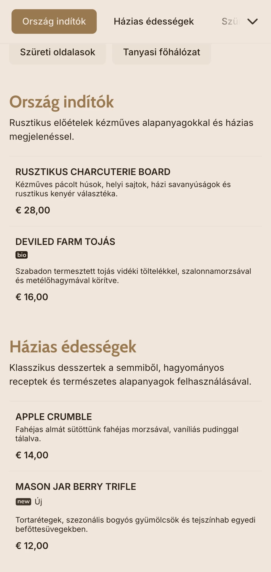 Meleg, vidéki ihletésű vendéglátás, amely kiadós ételeket, családi jellegű kiszolgálást és rusztikus bemutatót kínál pajtaesküvők és vidéki rendezvények számára.