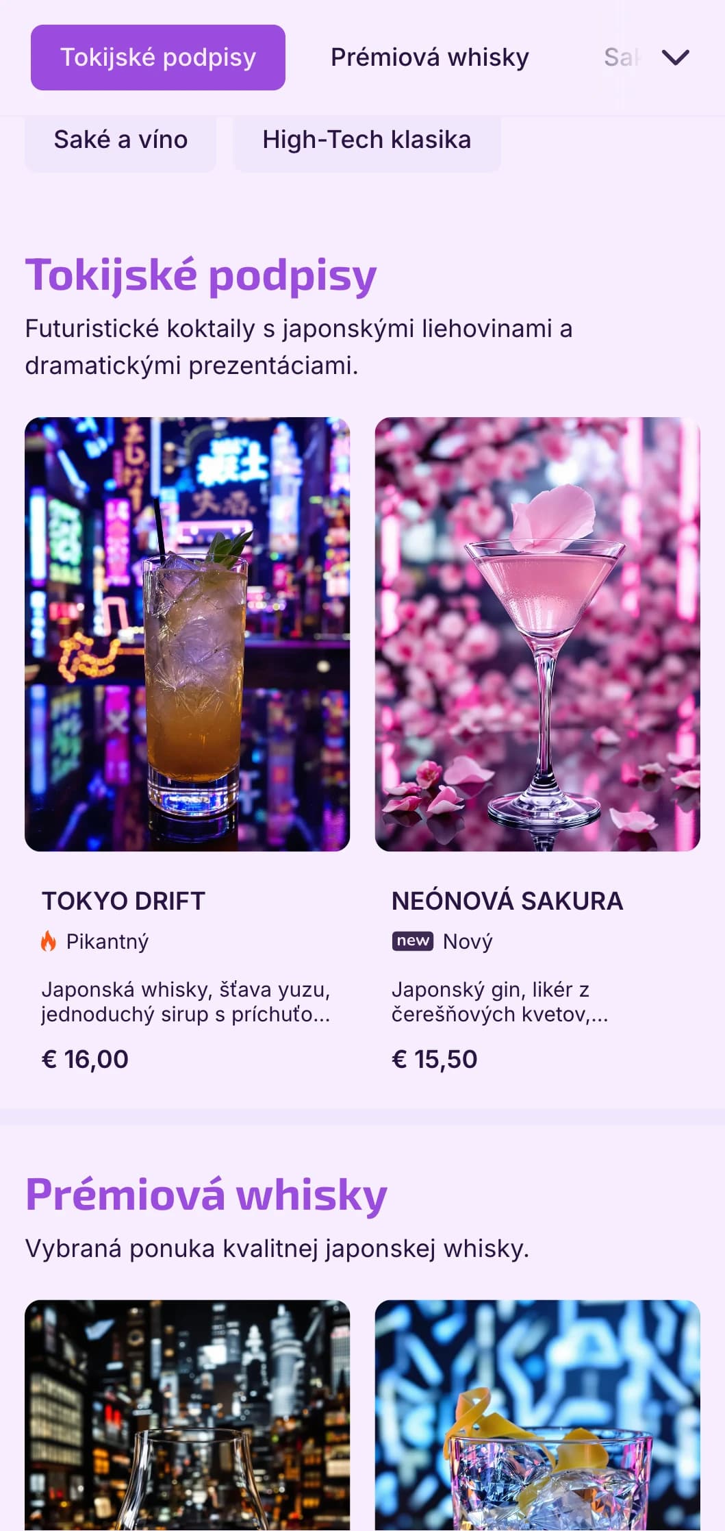Hlboký fialový a čierny dizajn s technickými prvkami pre futuristické bary inšpirované Japonskom.
