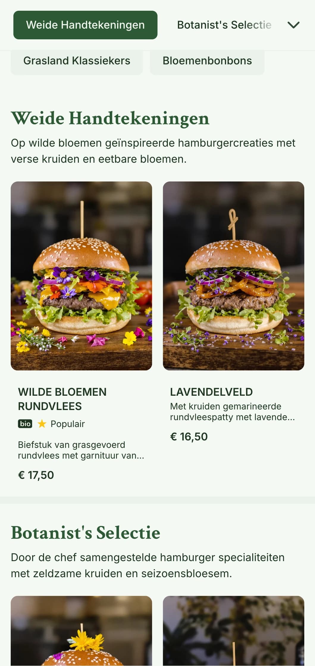 Op wilde bloemen en grasland geïnspireerd hamburgerconcept met natuurlijke, luchtige esthetiek.