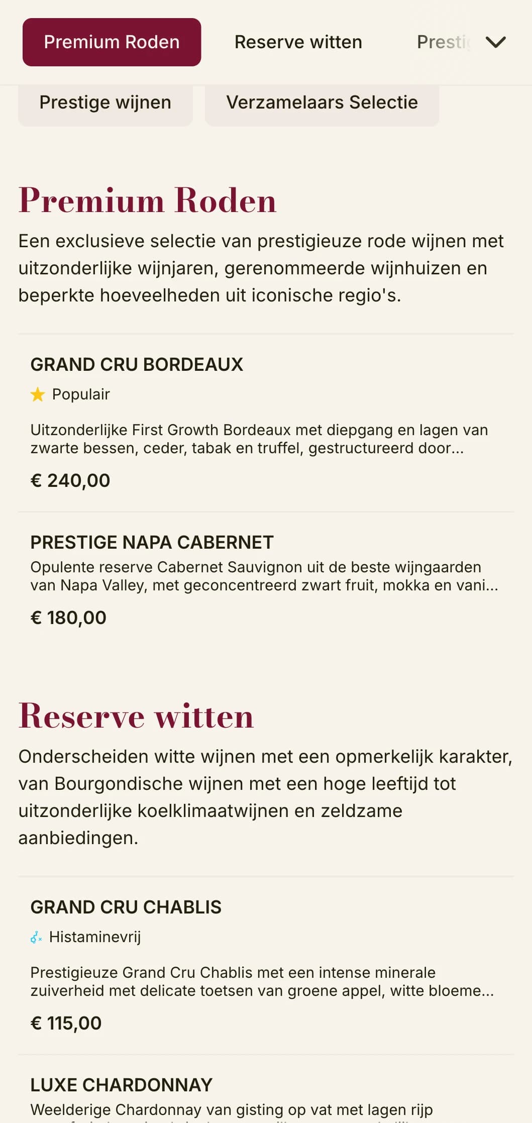 Dramatisch luxe sjabloon voor wijnkaart met rijke bordeauxrode accenten en verfijnde typografie, ideaal voor eersteklas steakhouses en wijnkelders.