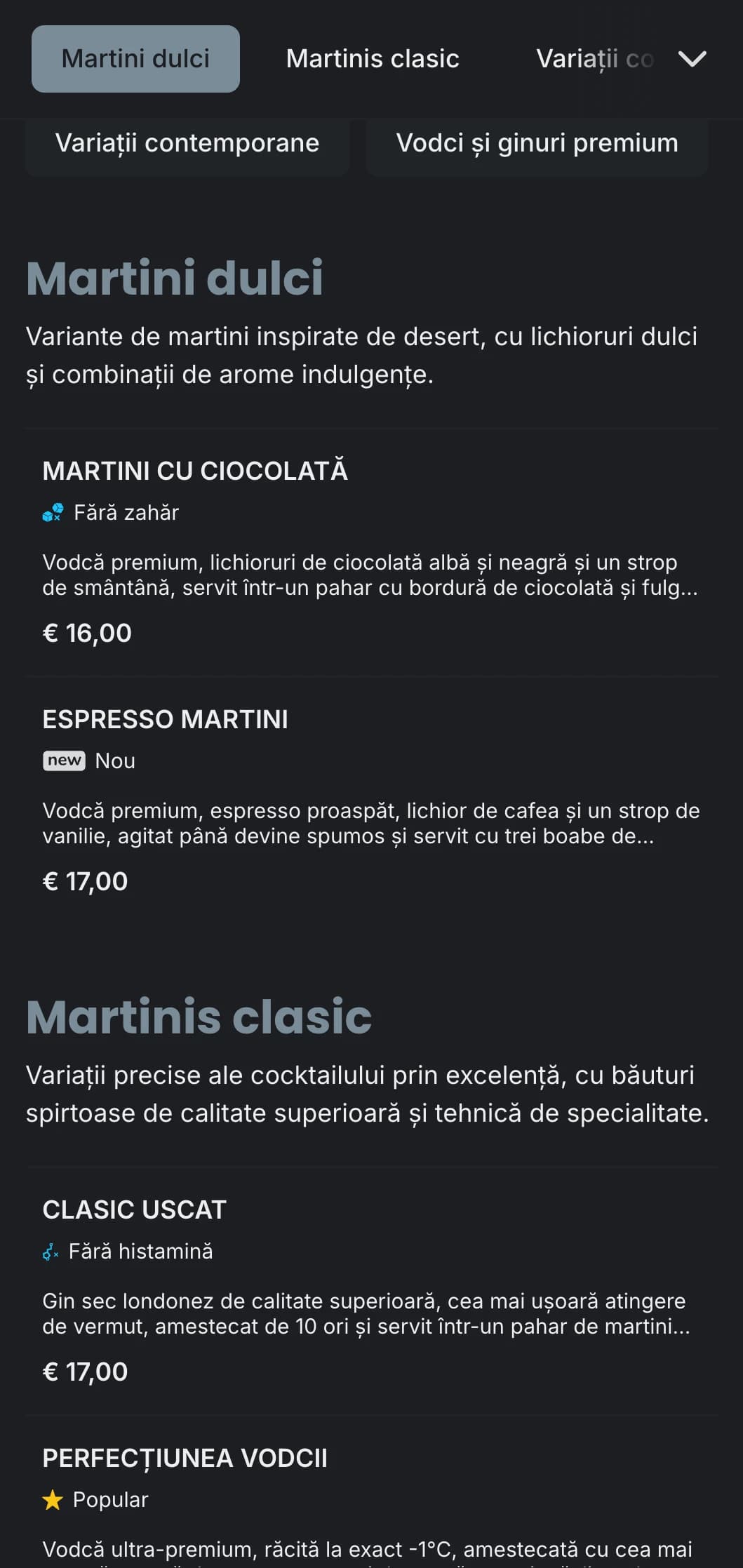 Un meniu sofisticat, urban, pentru baruri de martini și lounge-uri, cu tipografie elegantă și tonuri reci de gri.