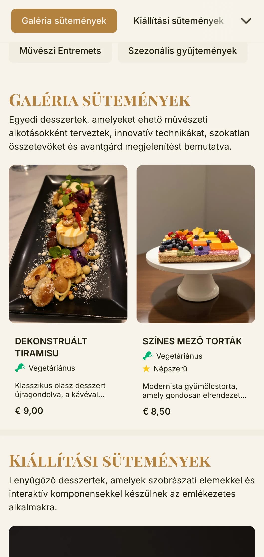 Művészi, galéria ihlette pékségi menüterv meleg aranytónusokkal és kifinomult tipográfiával, ideális desszertboltok és művészi cukrászdák számára.