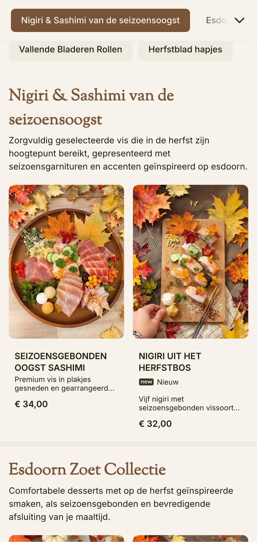 Warm, seizoensgebonden sushi-menu met rijke ahorn tinten en op de herfst geïnspireerde elementen voor een traditioneel diner.