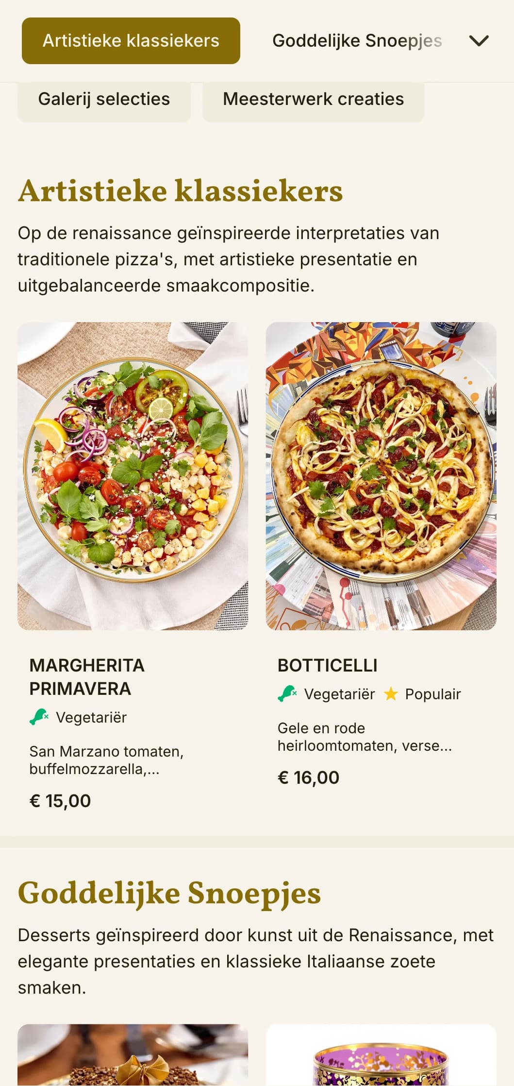 Artistiek pizzamenu geïnspireerd op de Italiaanse Renaissance met rijke visuele elementen.
