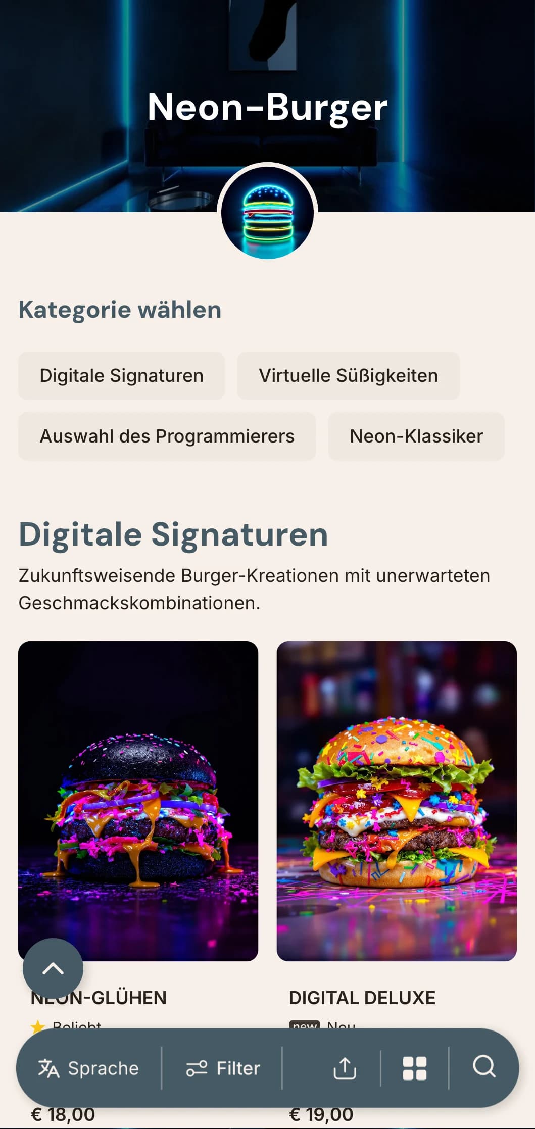 Lebendige, vom Nachtleben inspirierte Burger-Bar mit Neon-Akzenten und modernem urbanen Flair.